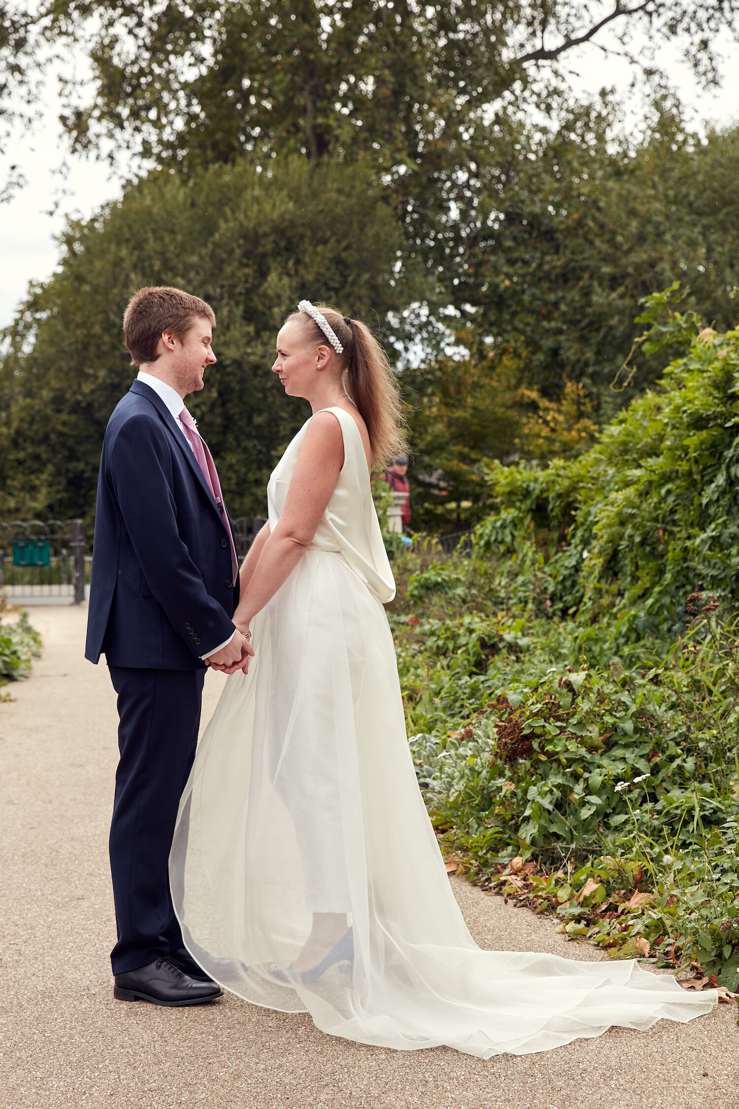 Beautiful bride Caroline wore bridal separates, trousers and an overskirt by Halfpenny London