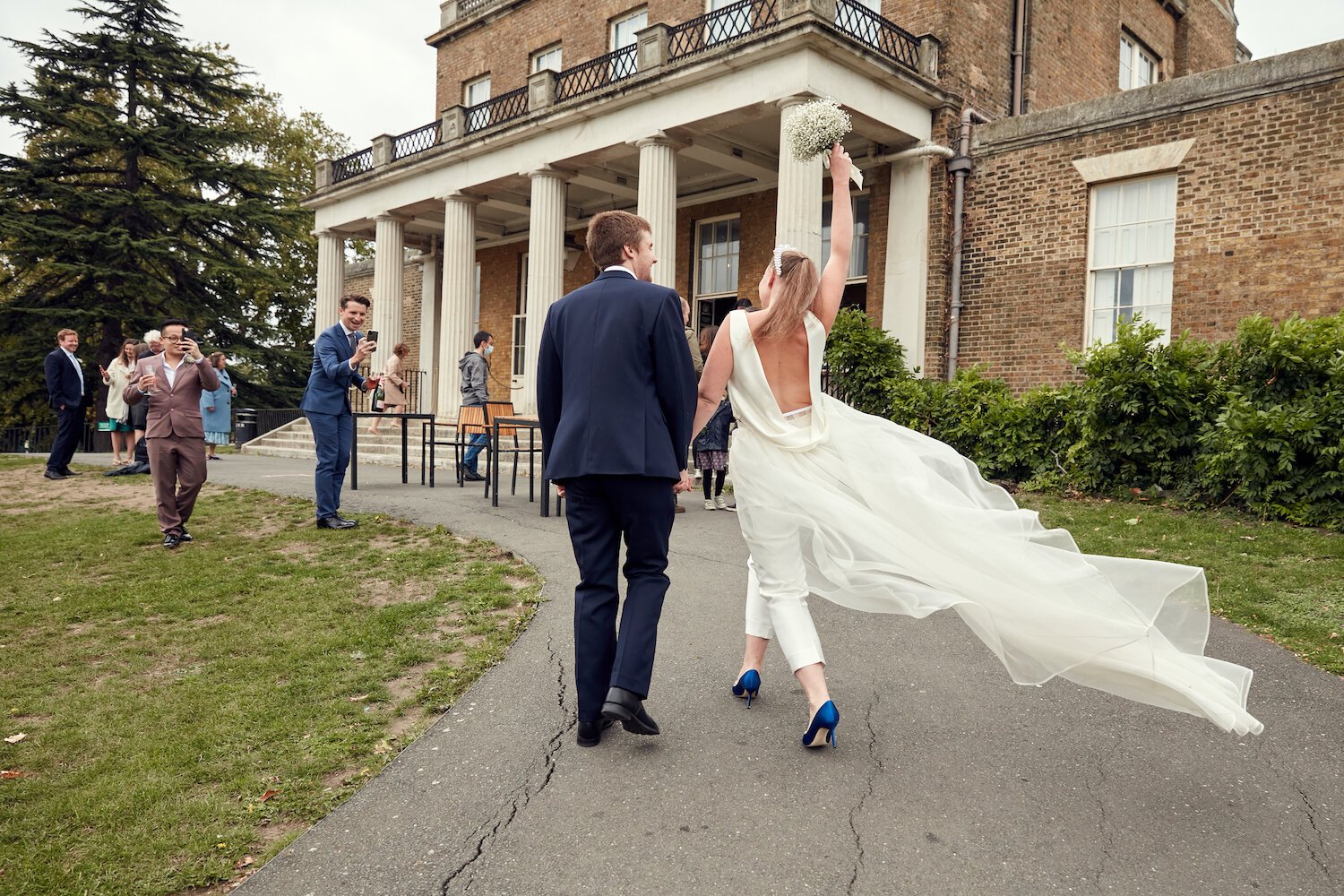 Beautiful bride Caroline wore bridal separates, trousers and an overskirt by Halfpenny London