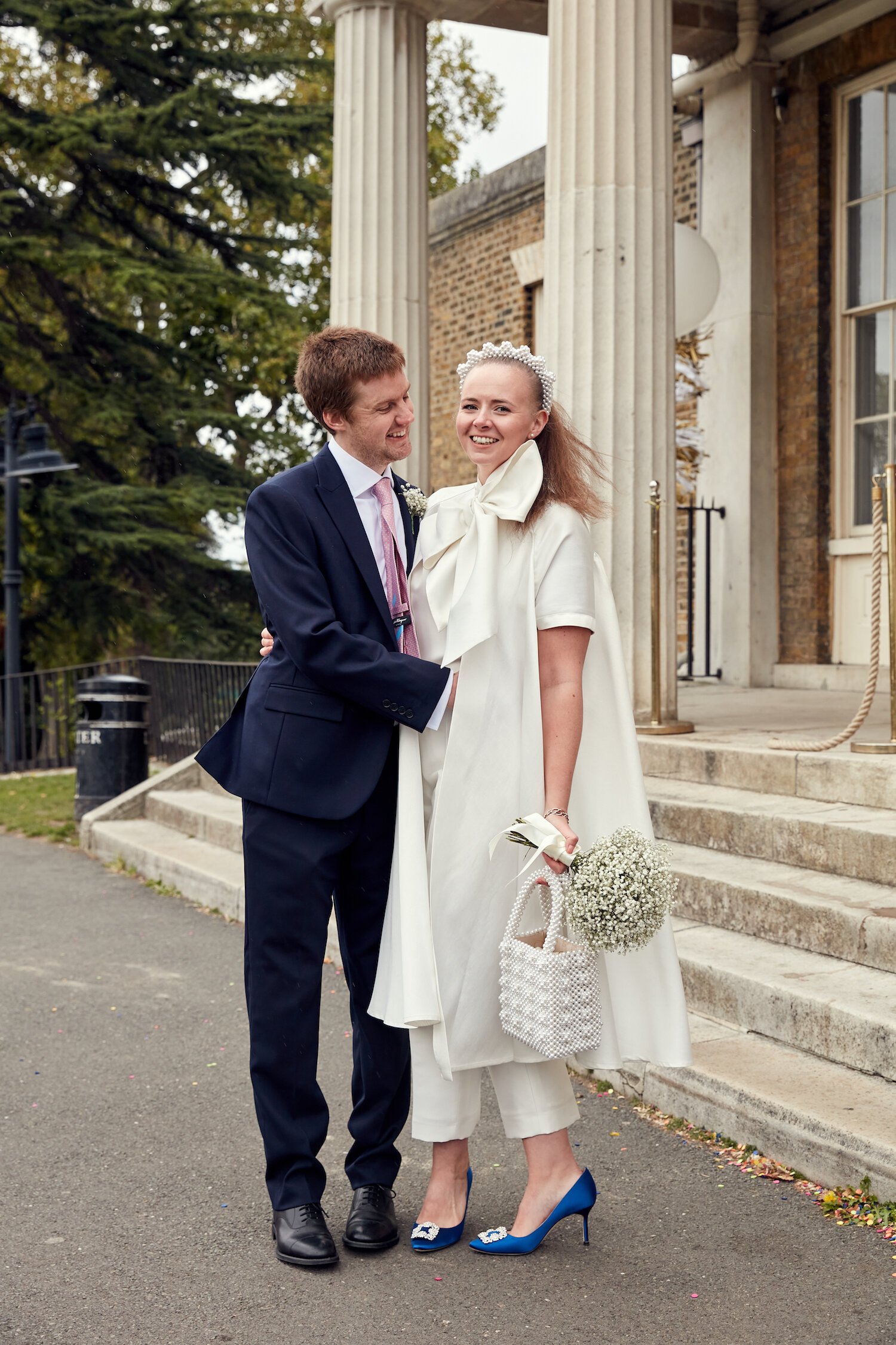 Beautiful bride Caroline wore bridal separates, trousers and an overskirt by Halfpenny London