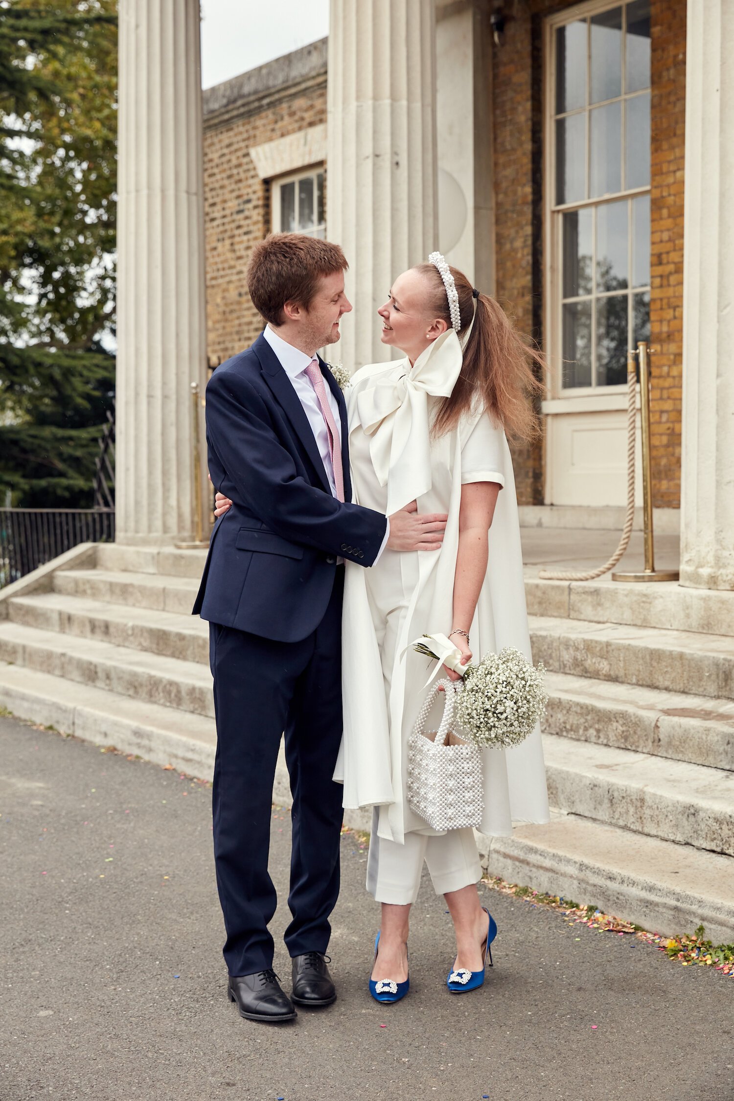 Beautiful bride Caroline wore bridal separates, trousers and an overskirt by Halfpenny London