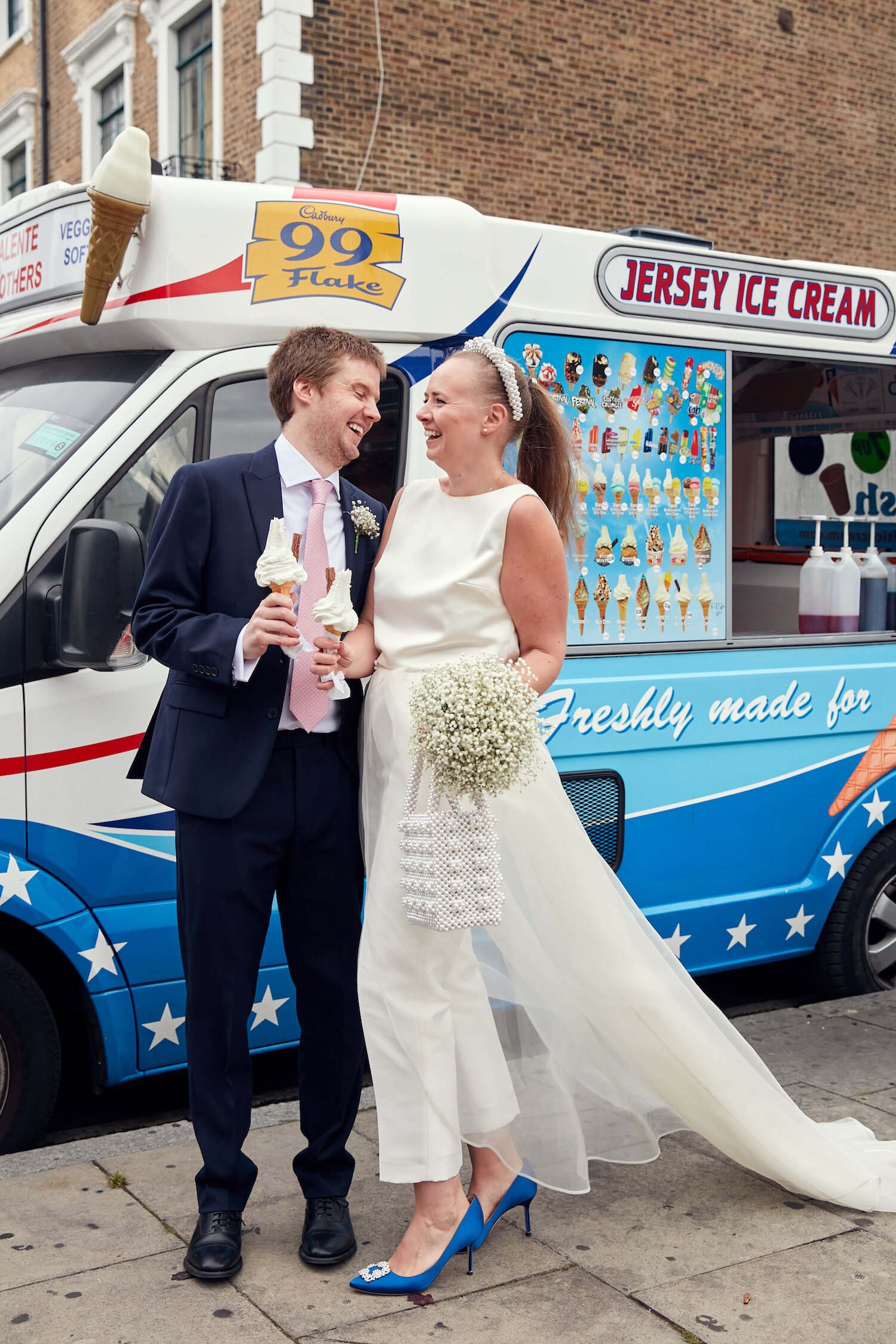 Beautiful bride Caroline wore bridal separates, trousers and an overskirt by Halfpenny London