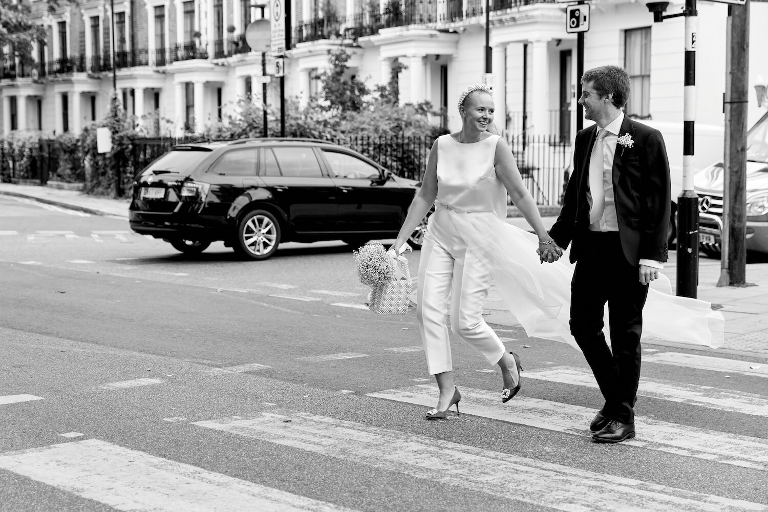 Beautiful bride Caroline wore bridal separates, trousers and an overskirt by Halfpenny London