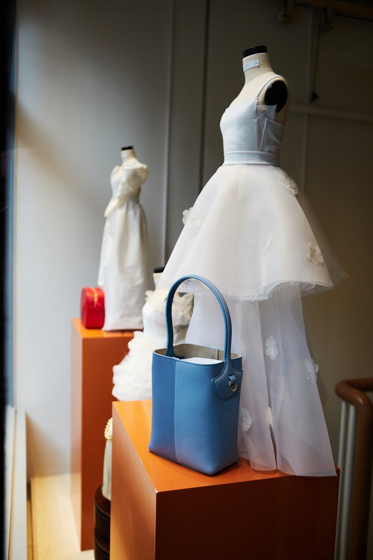 Mini Halfpenny London wedding dresses in the window of the J&amp;amp;M Davidson store in London to celebrate the launch of our bag collaboration