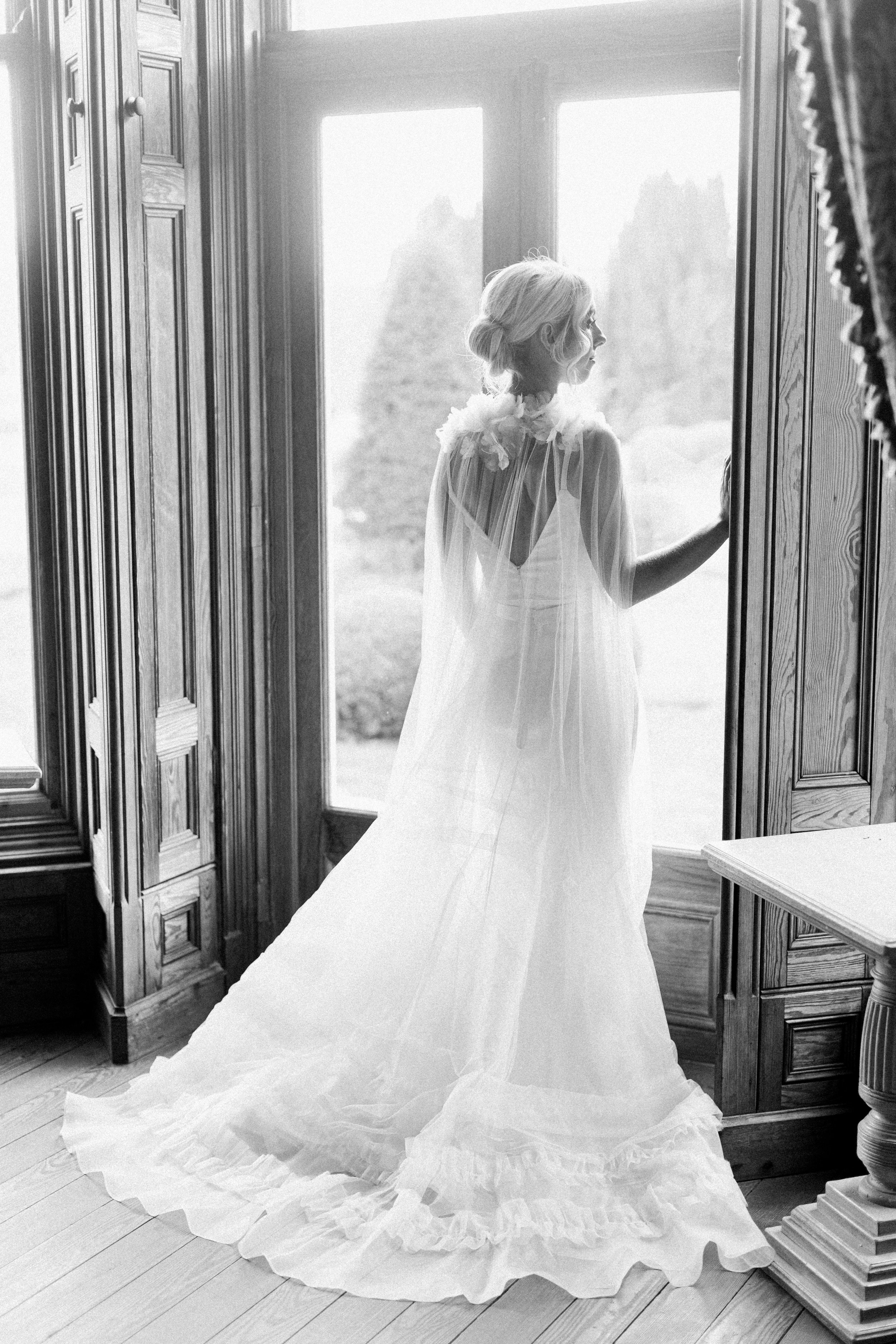 Beautiful bride Maria wears Victor slip with Mayfair skirt by British bridal designer Halfpenny London