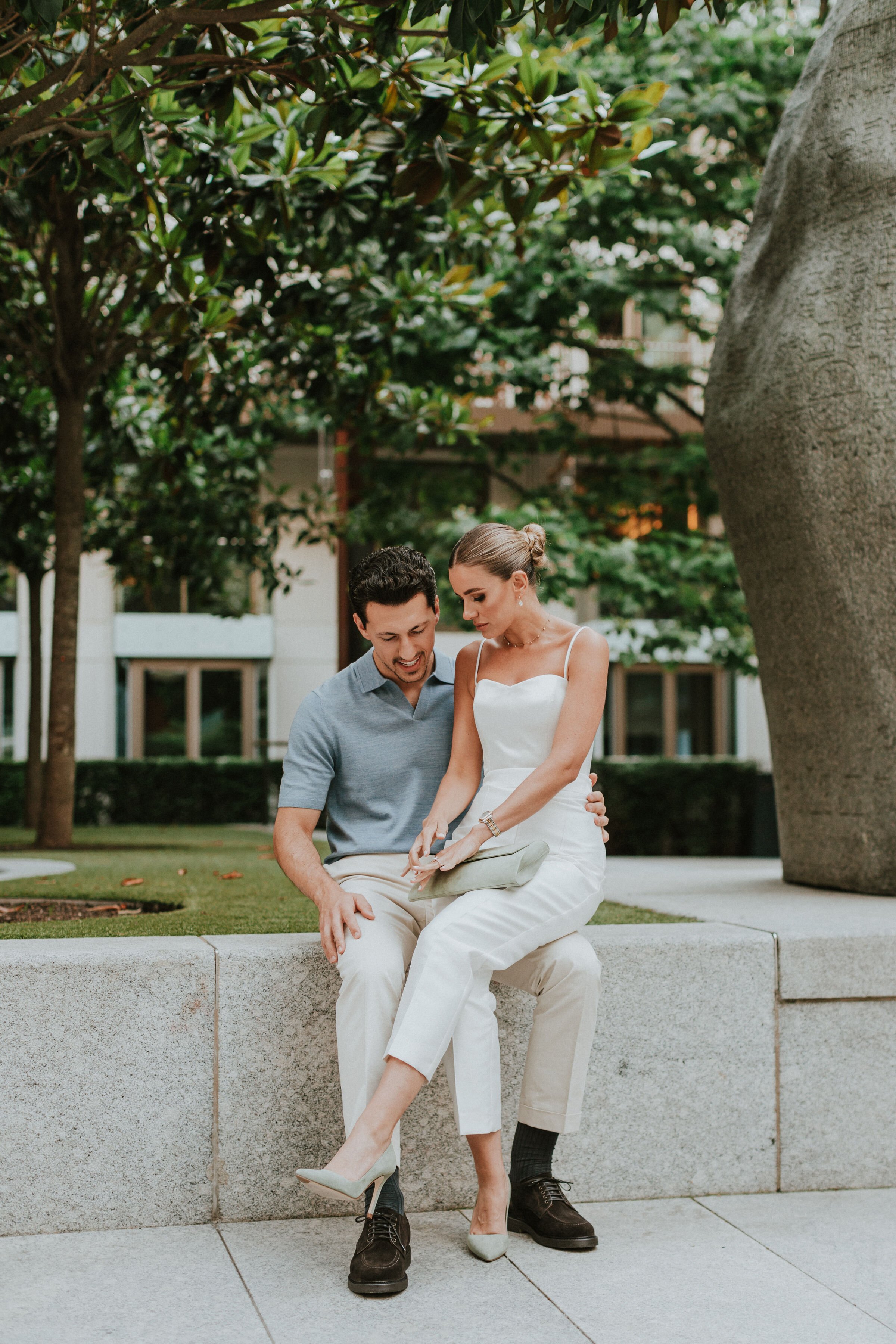 Beautiful bride Leilah wore wedding separates - trousers and a top - from Halfpenny London