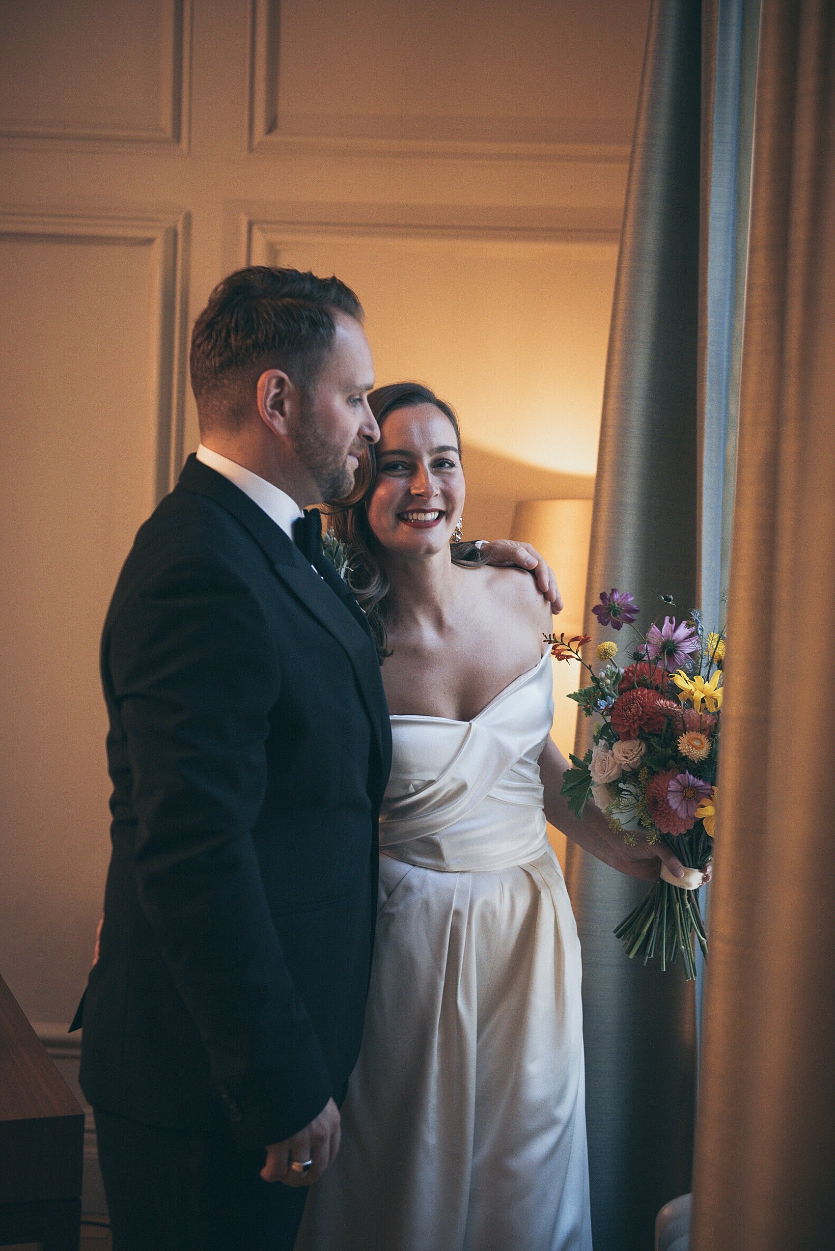 Beautiful bride Alice wore the Houston wide leg trousers and Kelly top by Halfpenny London for her wedding day