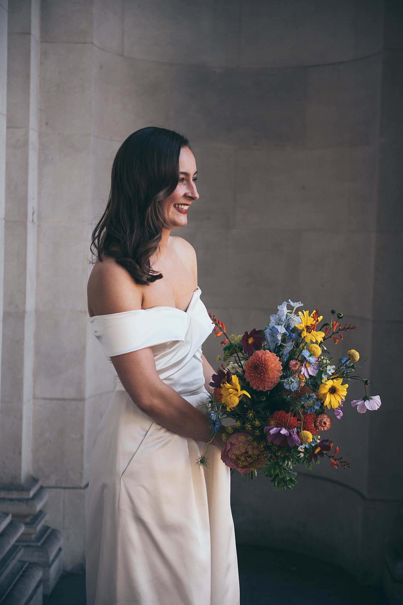 Beautiful bride Alice wore the Houston wide leg trousers and Kelly top by Halfpenny London for her wedding day