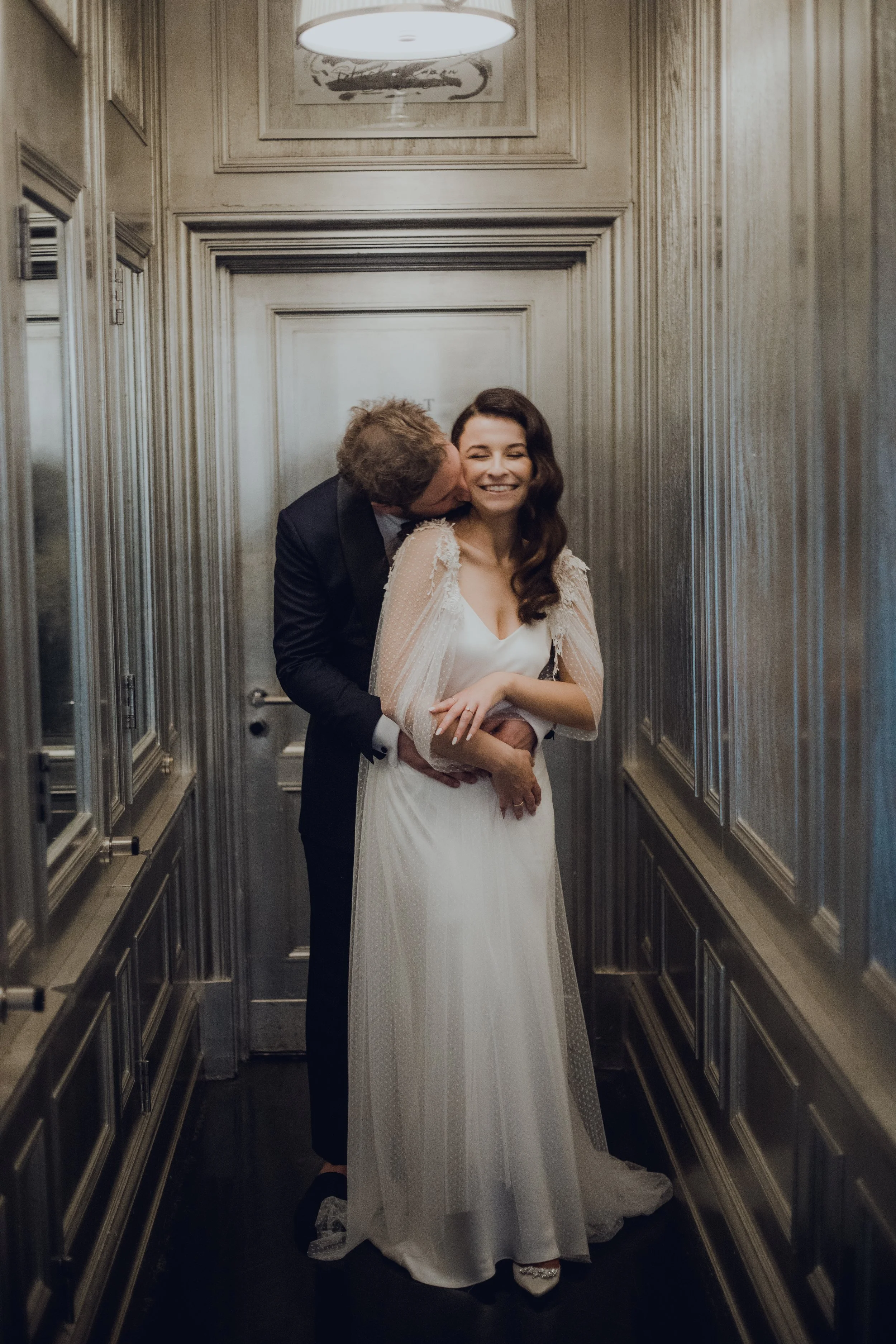 Beautiful bride Lisa wore the Iris slip and Peter cape | Wedding dress by Halfpenny London