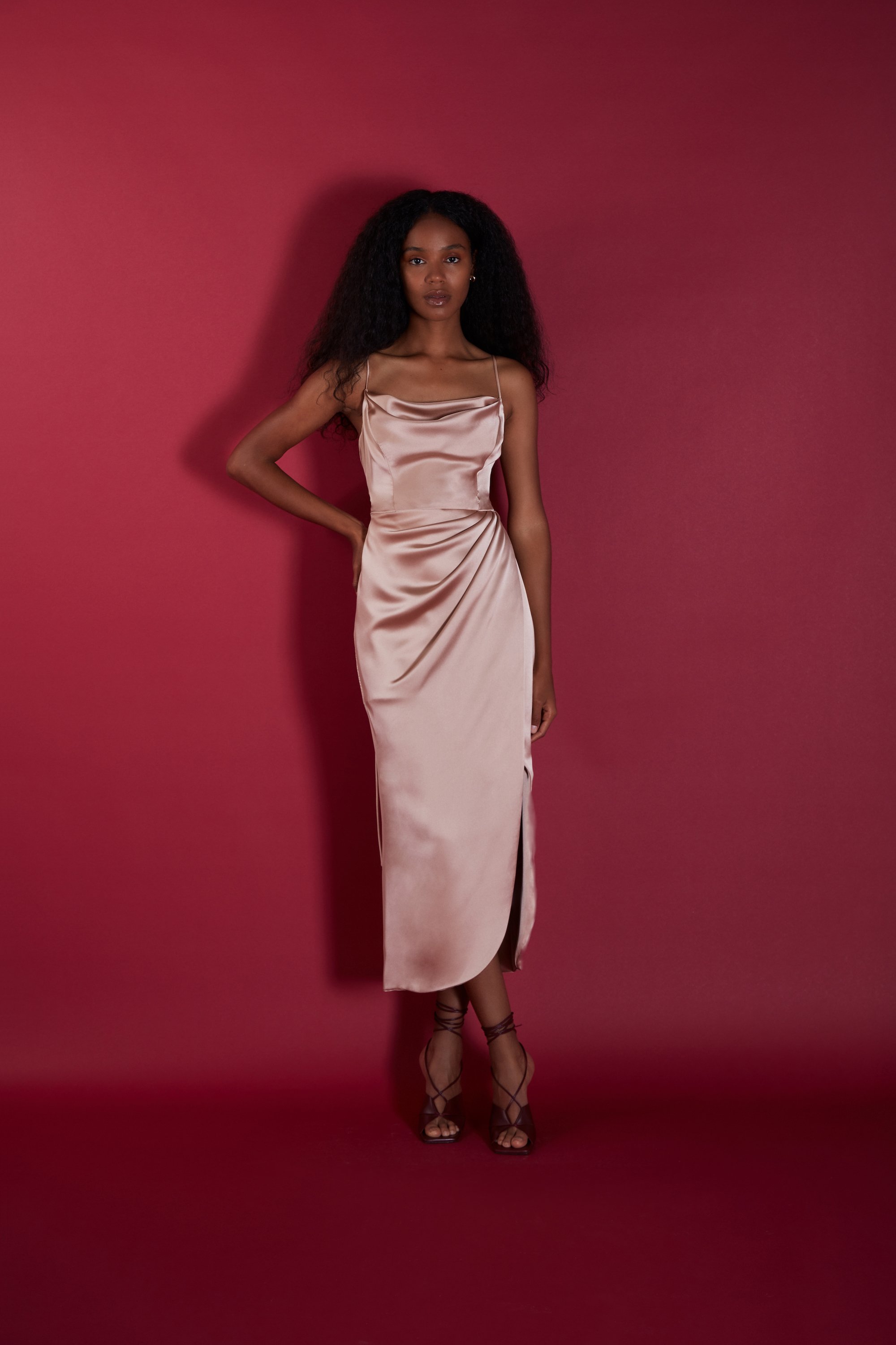 Florence | Pink satin dress with draped front by Halfpenny London ...