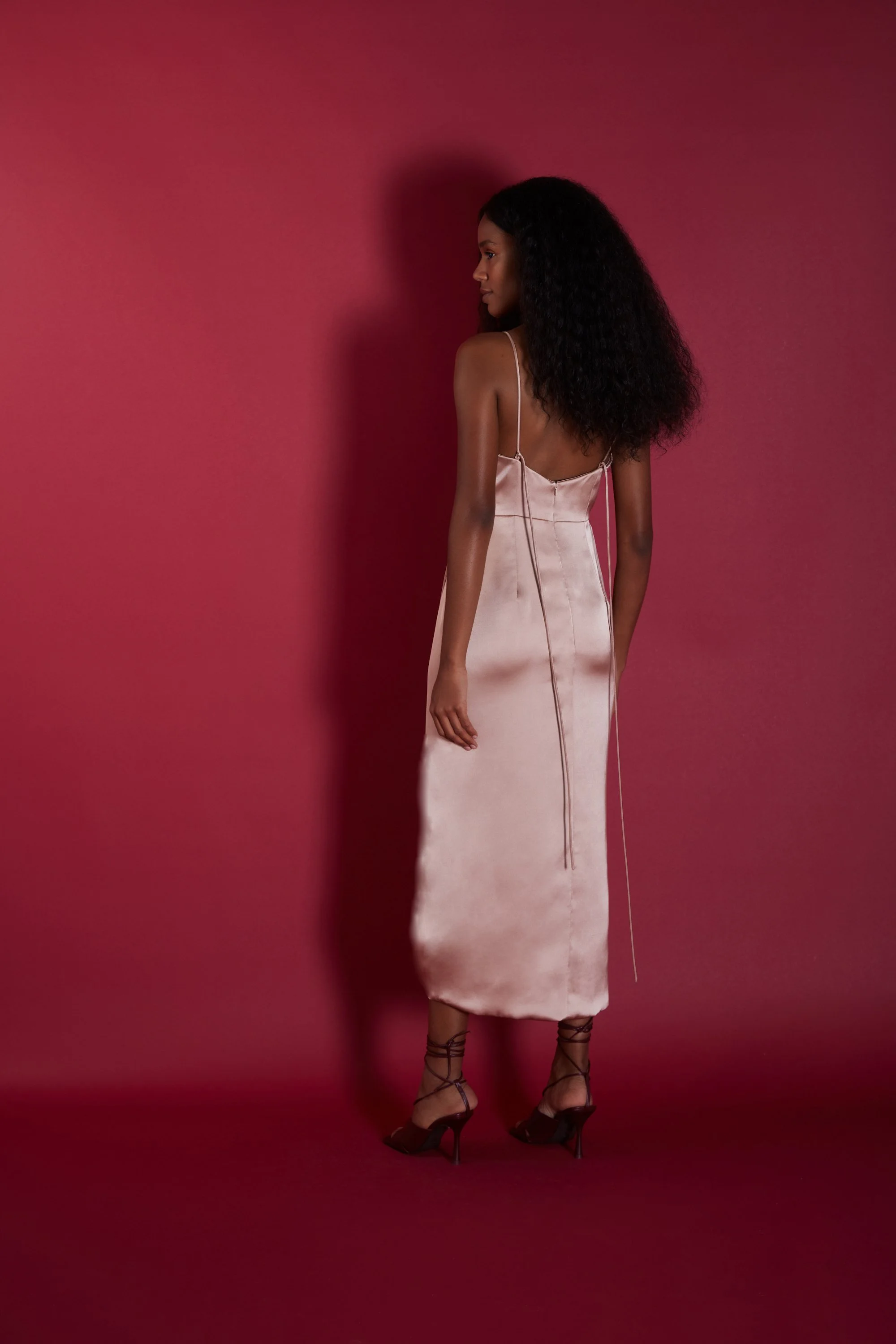 Florence Pink satin dress with draped front by Halfpenny London