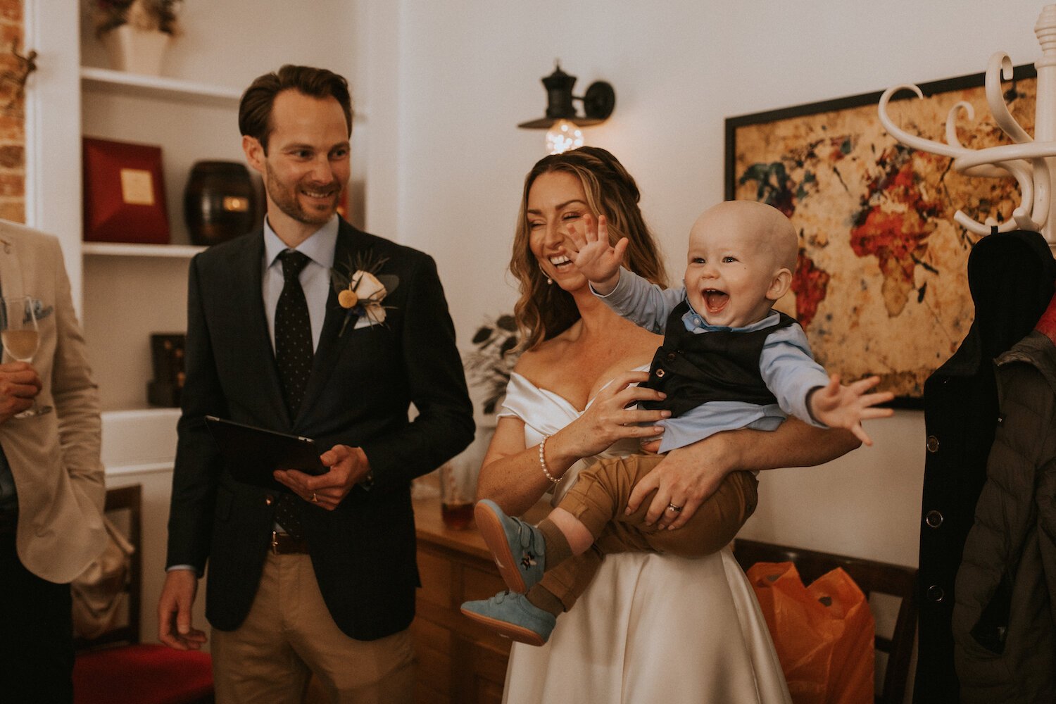 Beautiful bride Gina wore an off the shoulder top and High-Low skirt - bridal separates by Halfpenny London - with white ankle boots on her wedding day