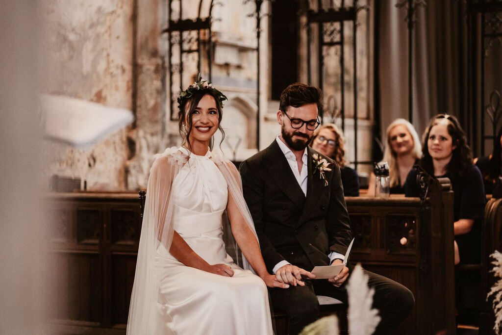 Beautiful bride Rach wore the Cheryl wedding dress and Campagne cape by Halfpenny London