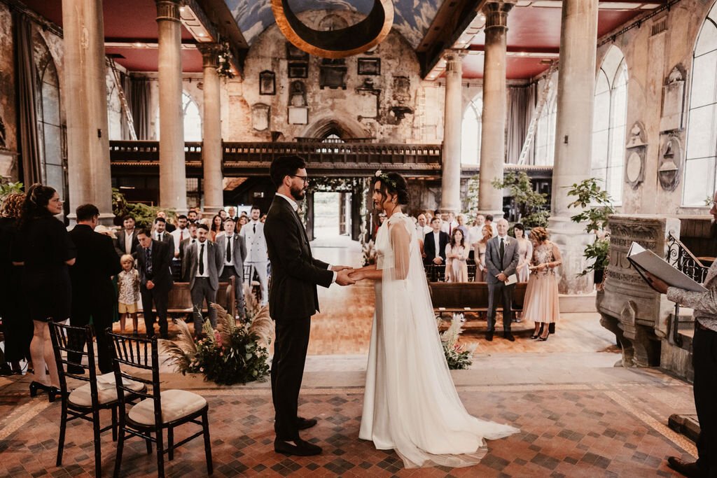 Beautiful bride Rach wore the Cheryl wedding dress and Campagne cape by Halfpenny London