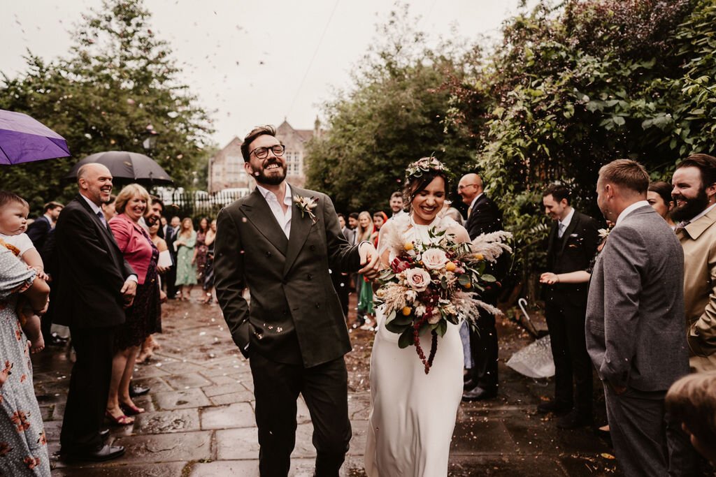 Beautiful bride Rach wore the Cheryl wedding dress and Campagne cape by Halfpenny London