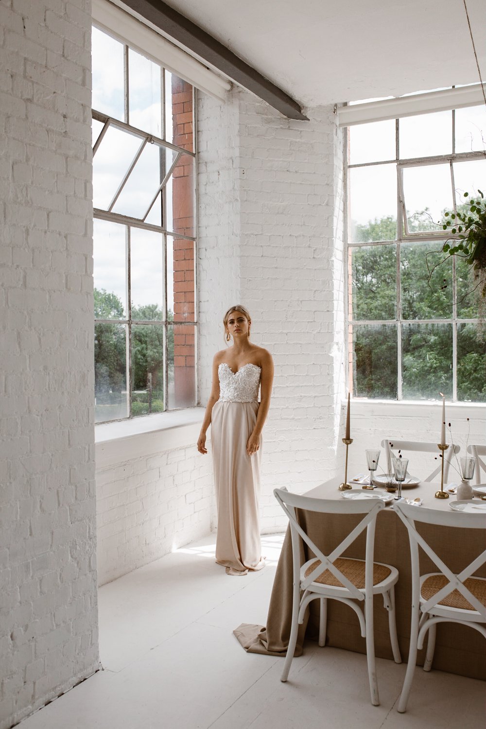 Minimalist bridal style inspiration shoot featuring wedding dresses and bridal wear by Halfpenny London