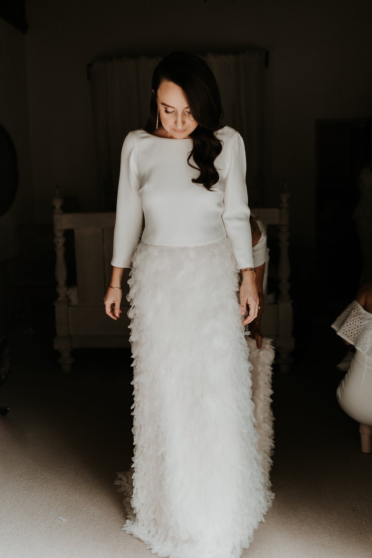 Beautiful bride Claire wears the Laura top and Swan skirt from Halfpenny London