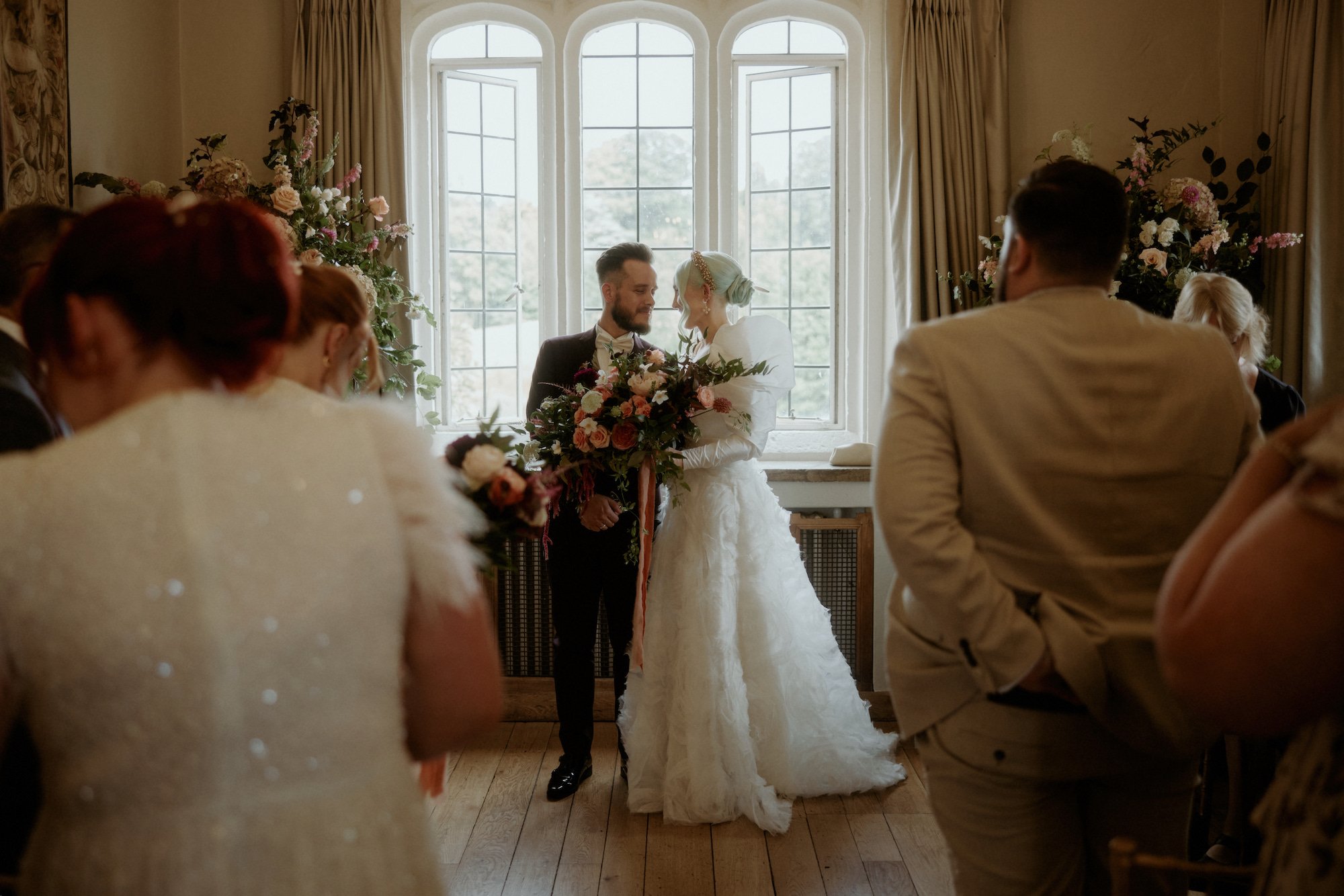 Beautiful bride Claire wore the Ruffle Rose Skirt, Mars Sleeves and a bespoke corset by Halfpenny London for her wedding day