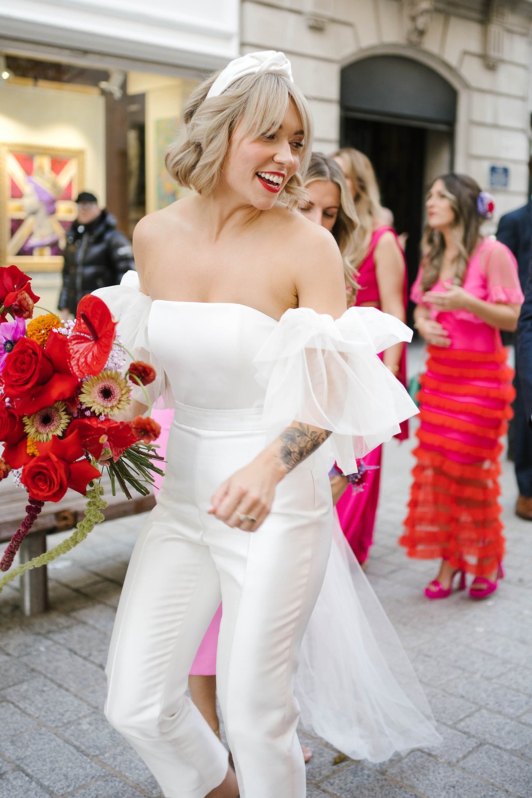 Beautiful bride Joanna wears the Oliver corset and Henson trousers paired with the Blaze shrug by Halfpenny London