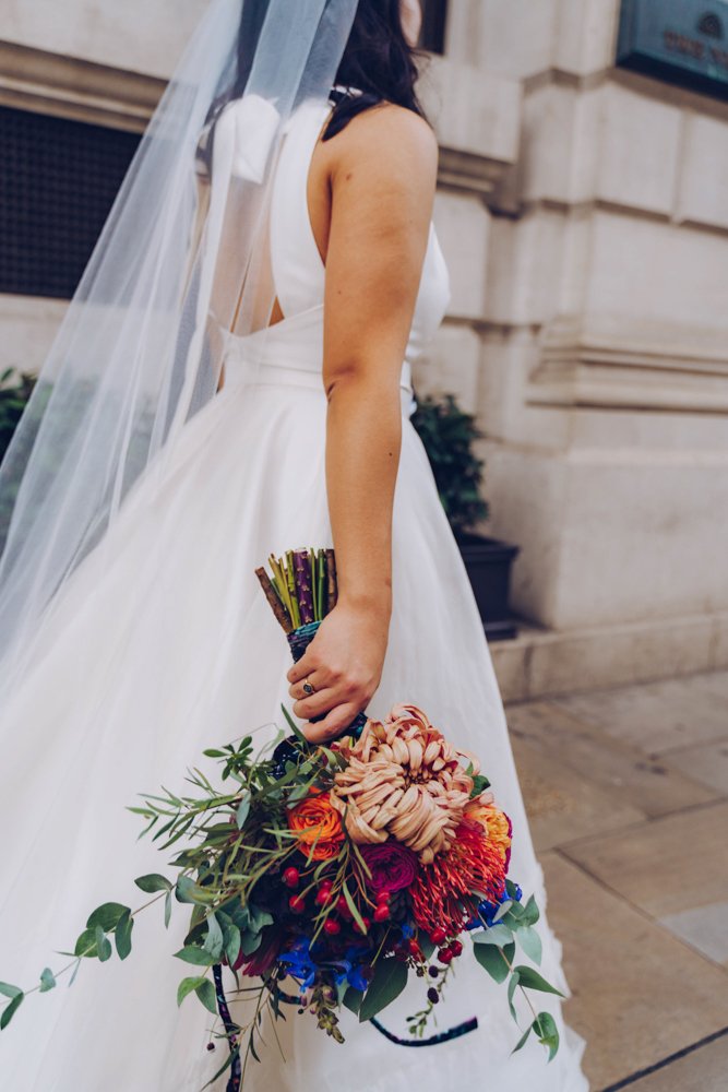 Beautiful bride Erika wore the Oak wedding dress and sheer, silk organza Mayfair overskirt on her wedding day