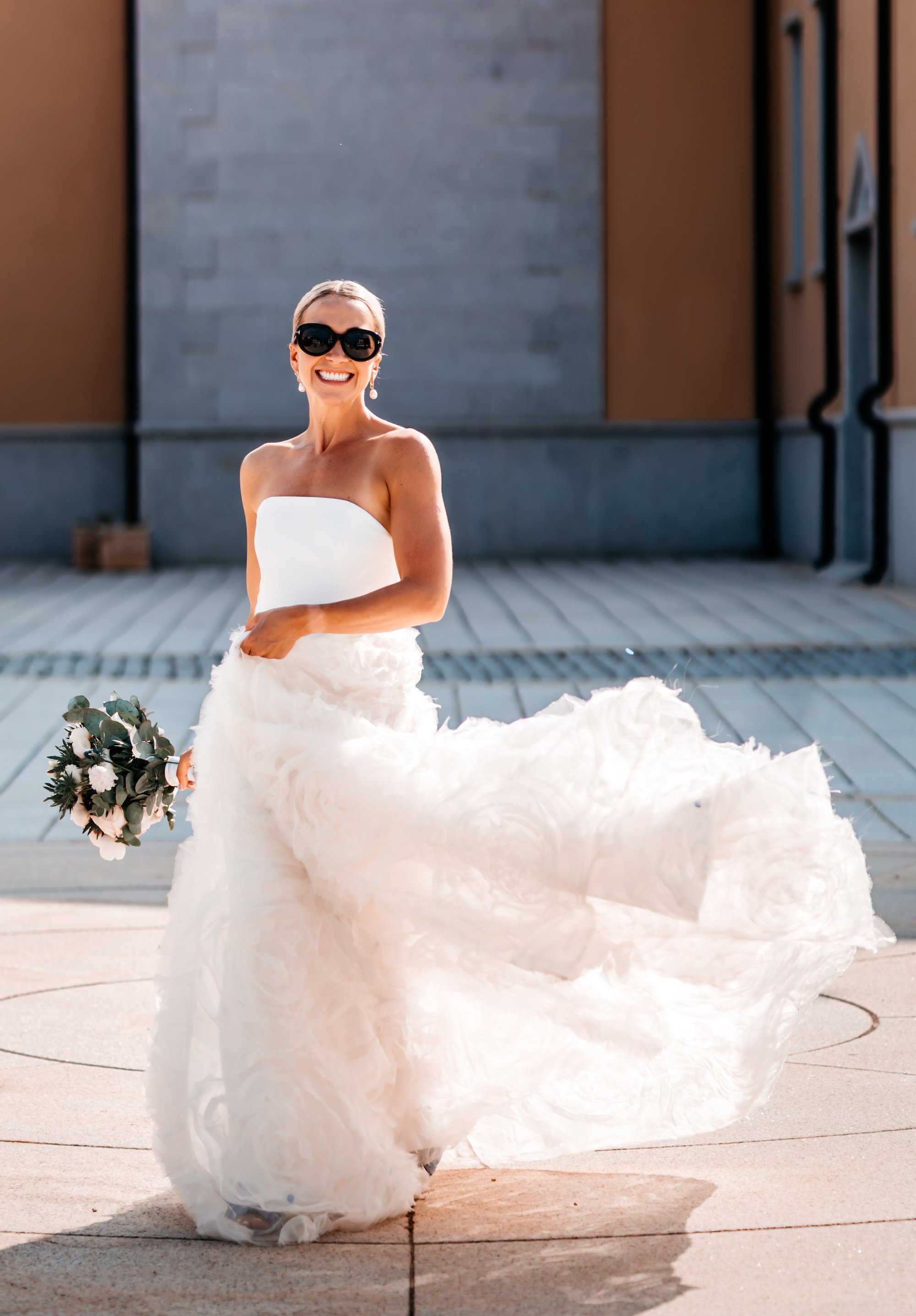 Beautiful bride Florence wore the Oliver wedding dress and Ruffle Rose skirt by Halfpenny London