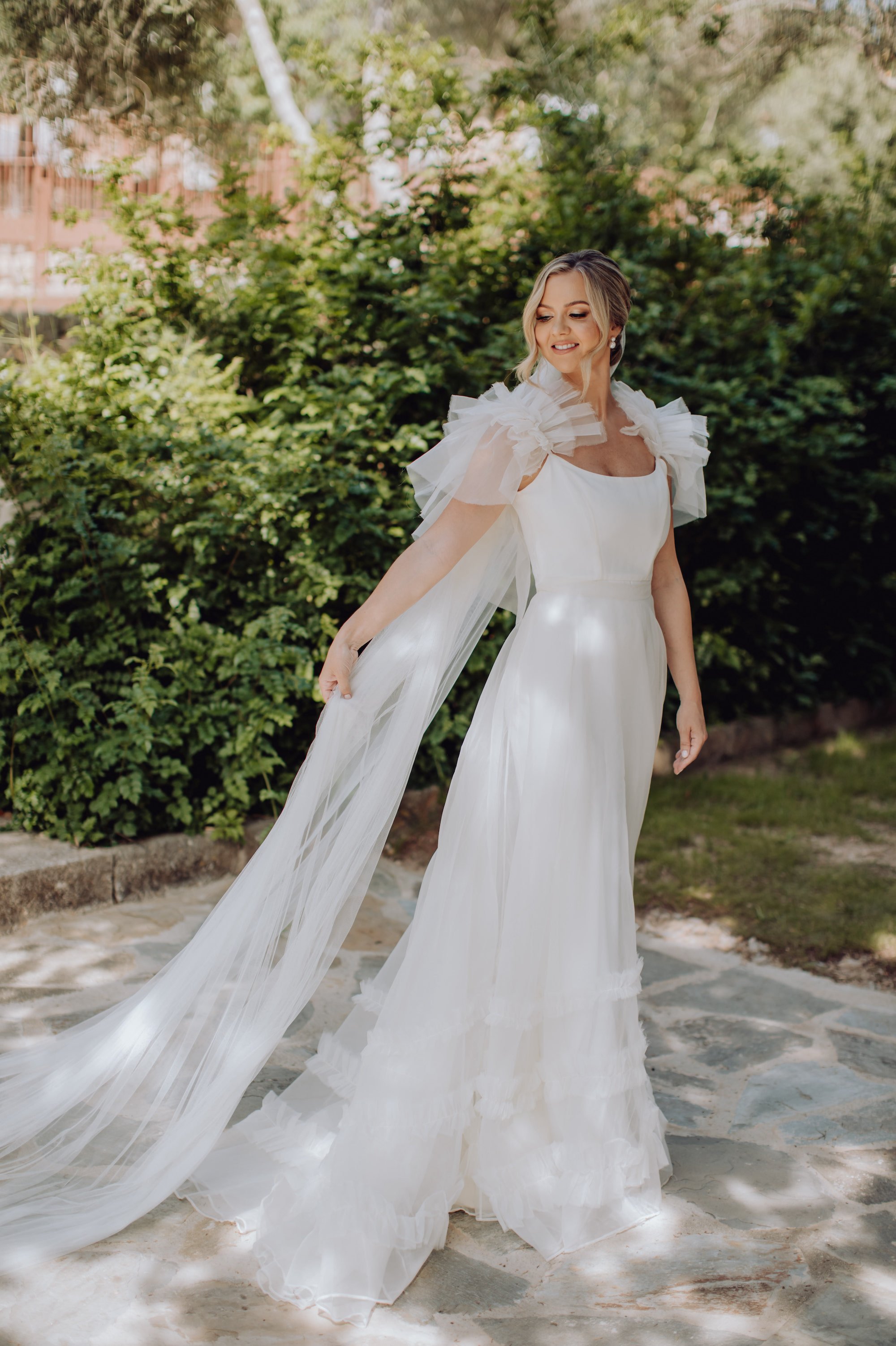 Beautiful bride Rebecca wears the Mayfair dress with detachable Mayfair skirt for her Wedding | Wedding dresses by Halfpenny London