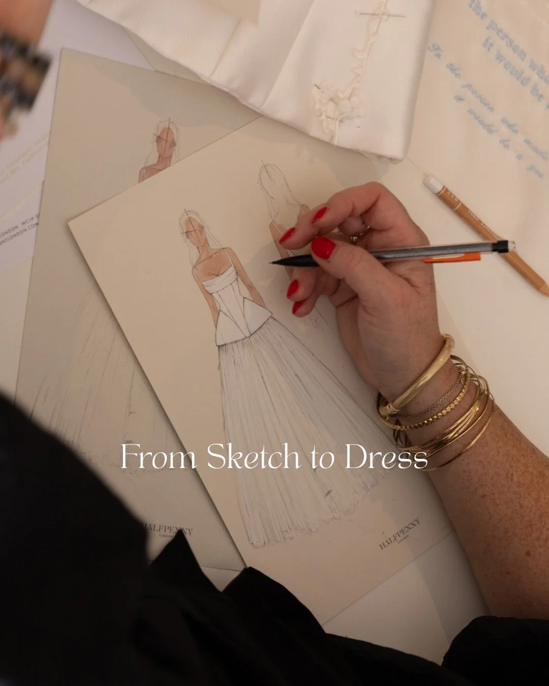 Every gown begins with a sketch, and every stitch with a vision. See how Halfpenny London designs evolve from ideas to reality &mdash; brought to life by our brides.⁠
⁠
Discover our bespoke service, via the link in bio.
