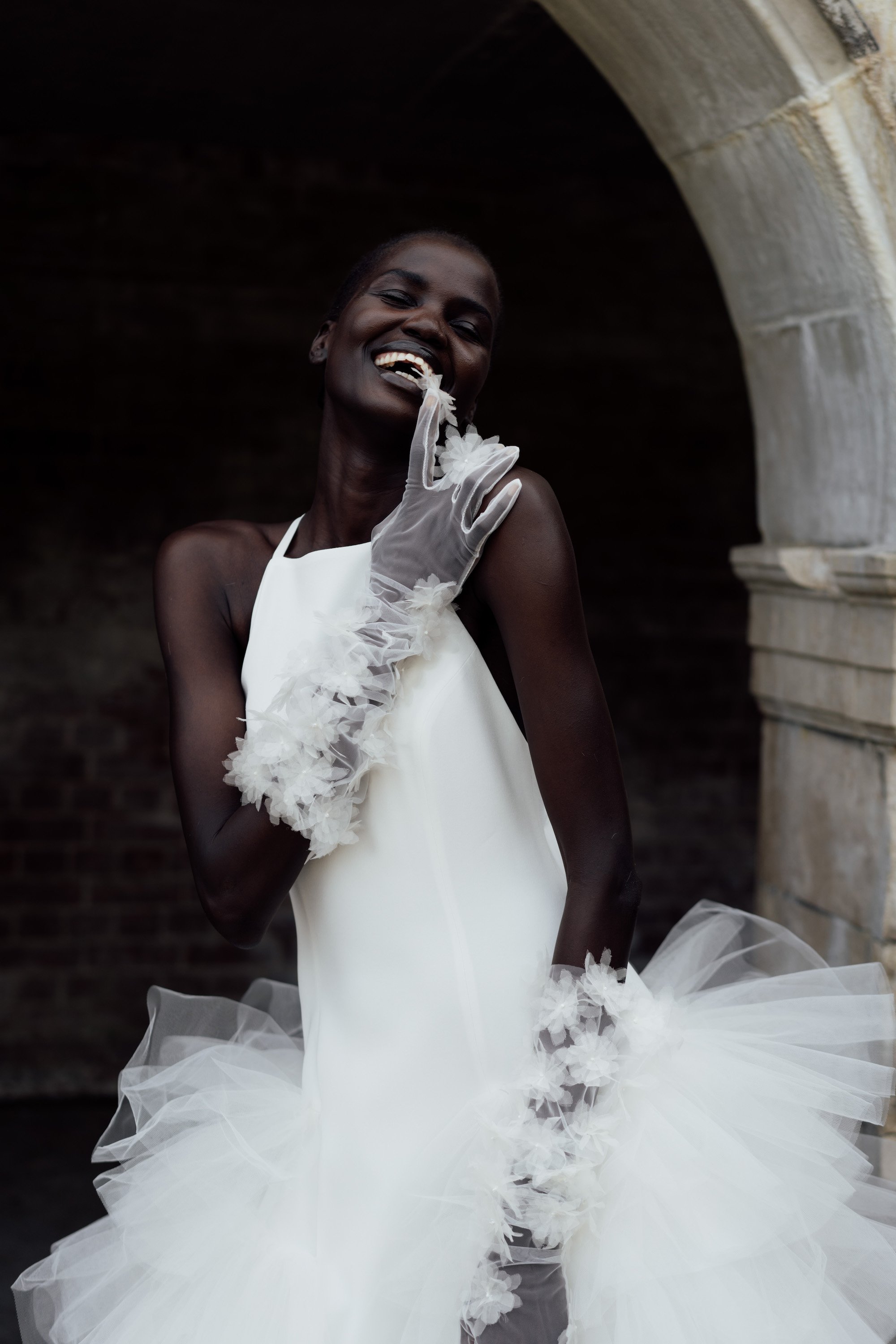 The Sadie dress and Josephine gloves by Halfpenny London