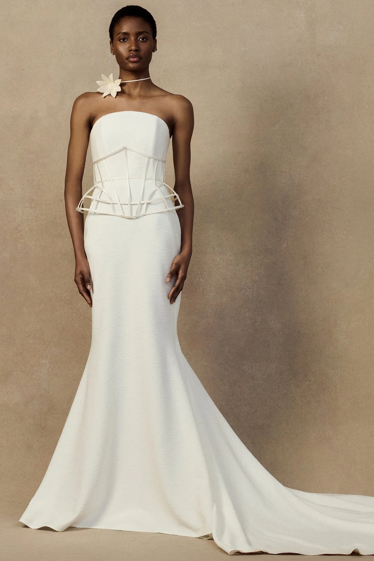 Front image of the Han waspie high-waisted corseted belt in Duchess Satin with bound boning and an exaggerated hip silhouette