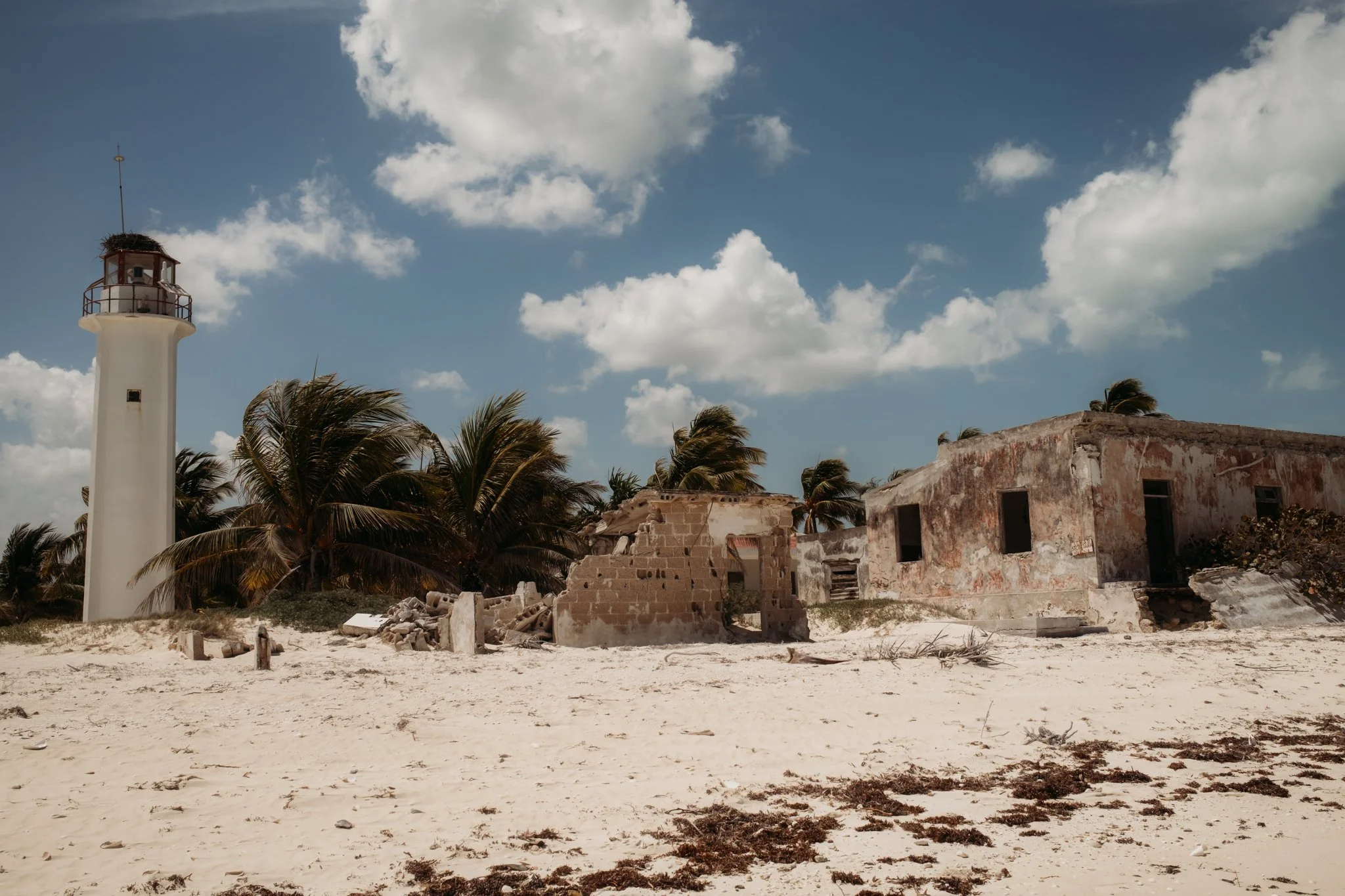 Best Compact Travel Photo Gear | Old fishing town on the beach. Wind blows palm trees. Seaweed wased up on shore. Clouds in the sky.