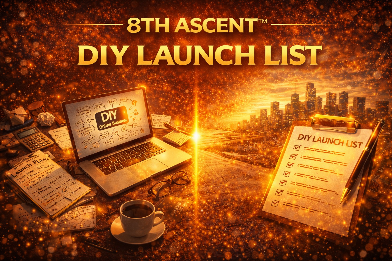 A workspace with a laptop displaying a DIY online business diagram, a clipboard titled DIY launch list with checkmarks, a cup of coffee, eyeglasses, and scattered papers, set against a glowing city skyline at sunset with sparkles and light effects, titled '8th Ascent DIY Launch List'.