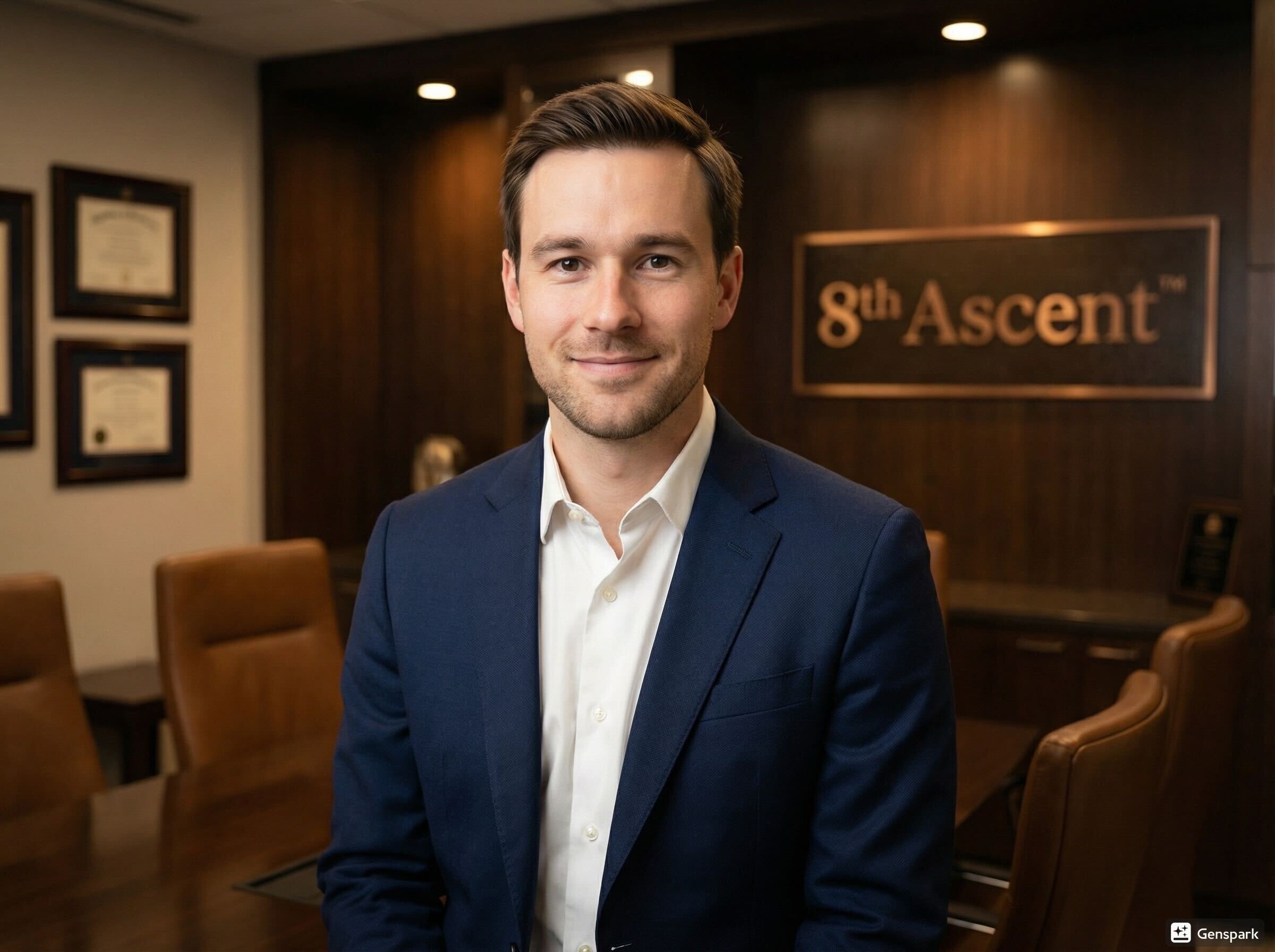 A young man in a navy suit and white shirt standing in a conference room with wood-paneled walls, certificates on the wall, and a sign that reads '8th Ascent' behind him.