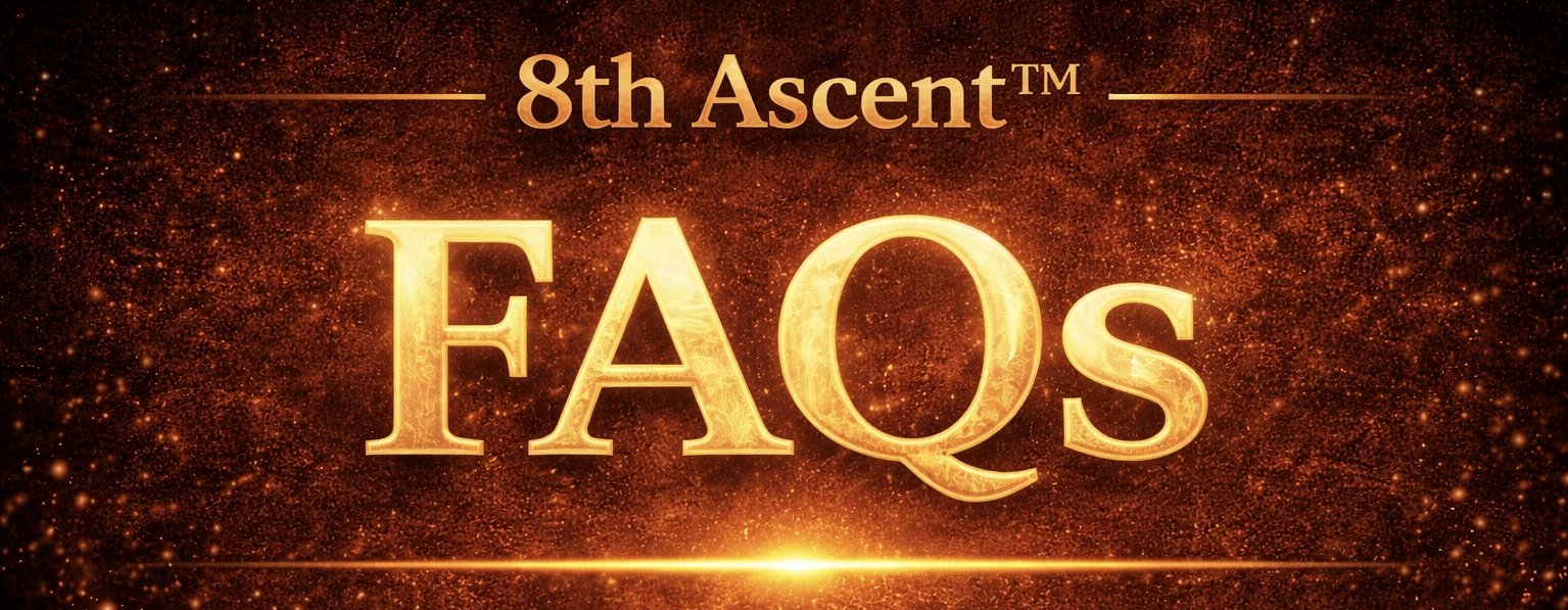 Golden text on a fiery, sparkling background reads "8th Ascent TM FAQS".