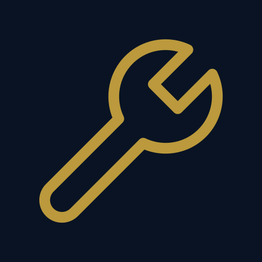 Gold wrench icon on dark background.