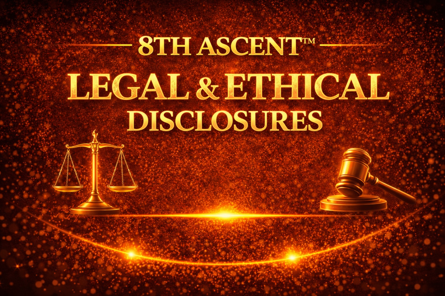 Text reading '8th Ascent™ Legal & Ethical Disclosures' with images of a gavel and scales of justice against a fiery orange background.