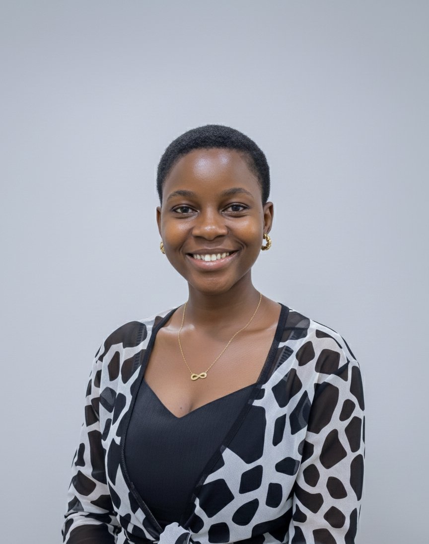 A young woman with short black hair smiling, wearing gold earrings, a gold infinity necklace, a black top, and a black-and-white patterned blazer, standing against a plain light gray background.
