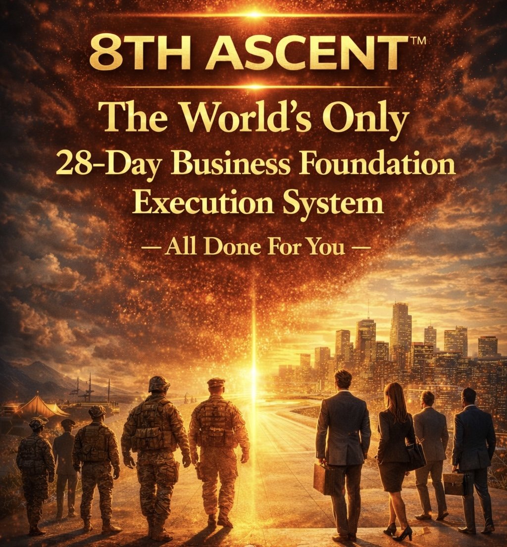 Promotional image with a city skyline and a glowing sunset, featuring military personnel and business professionals walking towards the horizon, with bold text promoting a 28-day business foundation execution system.