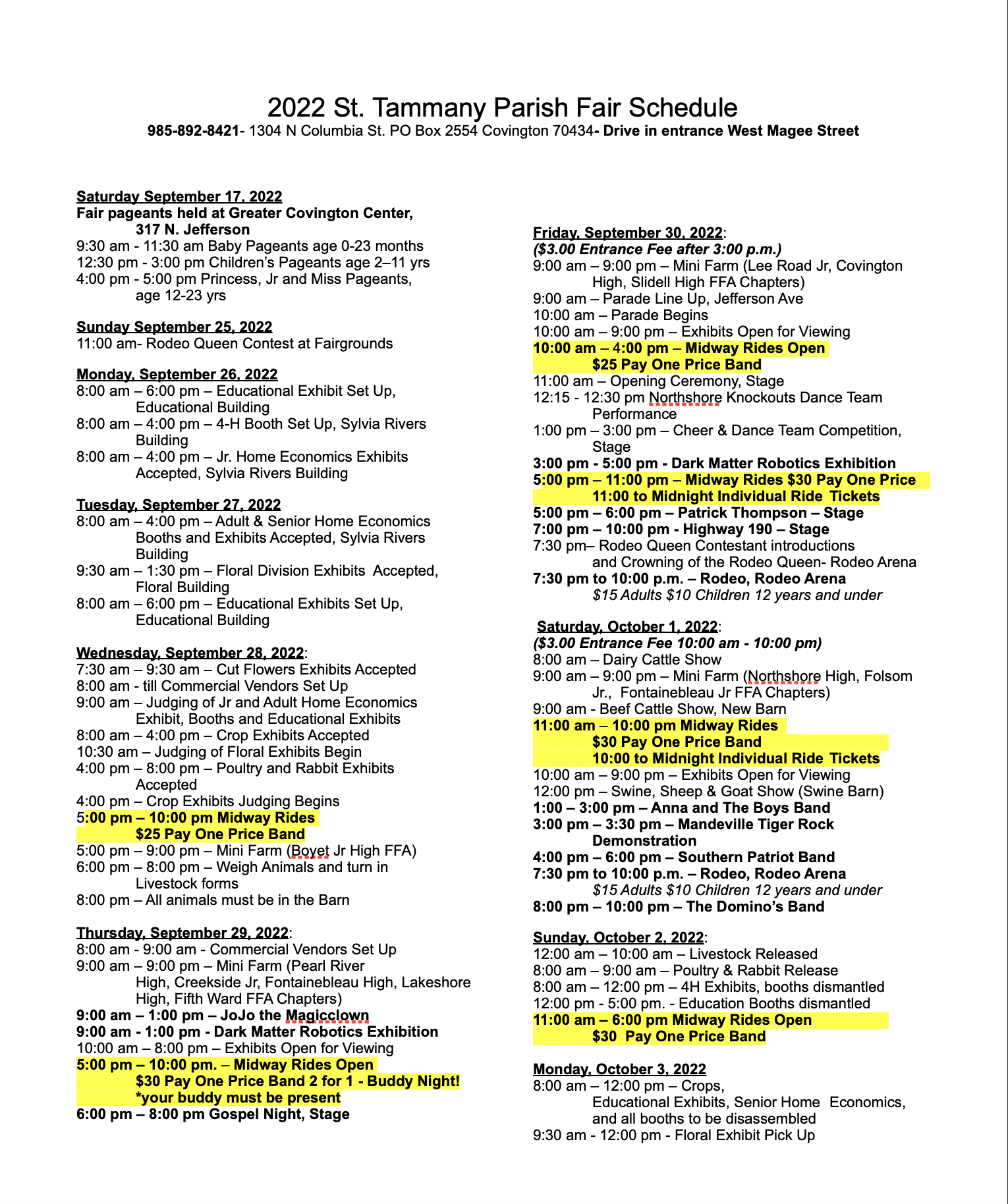 Schedule St Tammany Parish Fair Schedule St Tammany Parish Fair