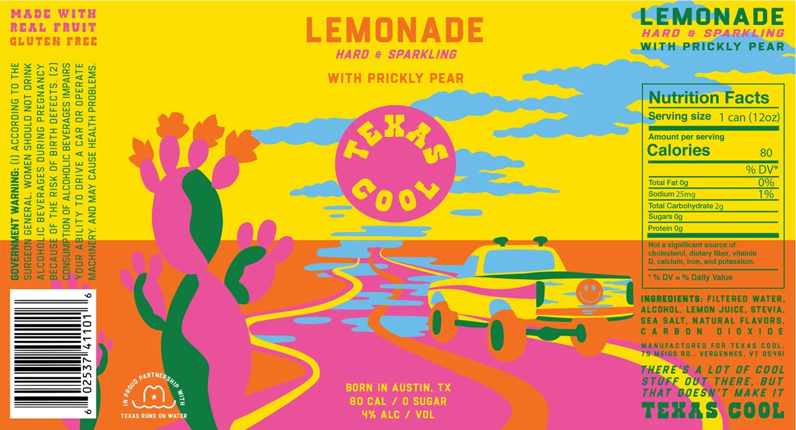 Annu Kilpeläinen packaging design for Texas Cool Lemonade where car drives towards a mirage in desert landscape with sun on the horizon as the Texas Cool logo.