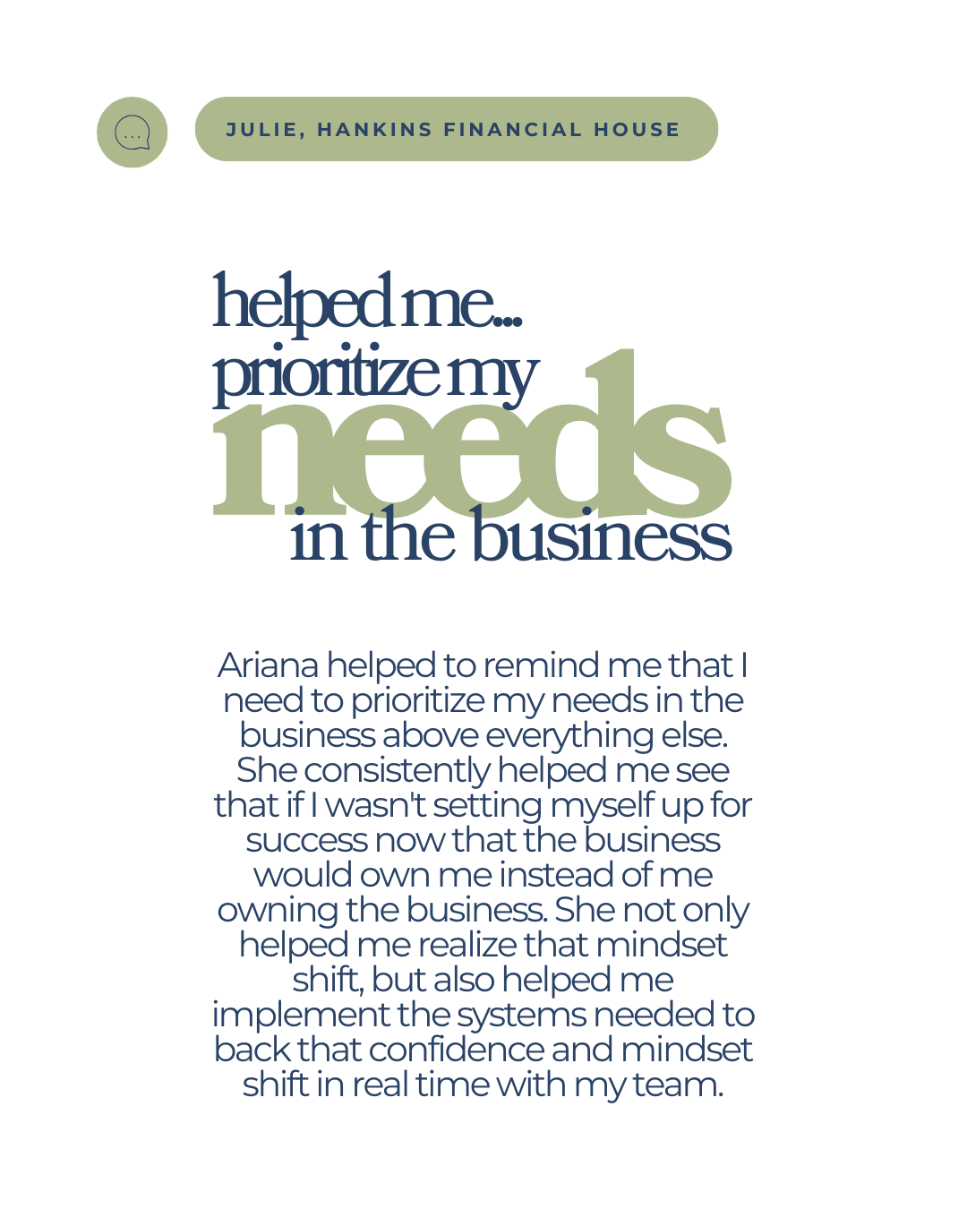 Text of testimonial from Hankins Financial House, Fractional CFO agency, for Ariana Tenine, Operations Strategist for Visionary Women Founders.