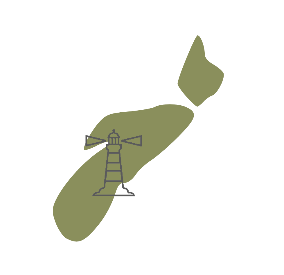 A stylized map of an island with a lighthouse illustration in the center.