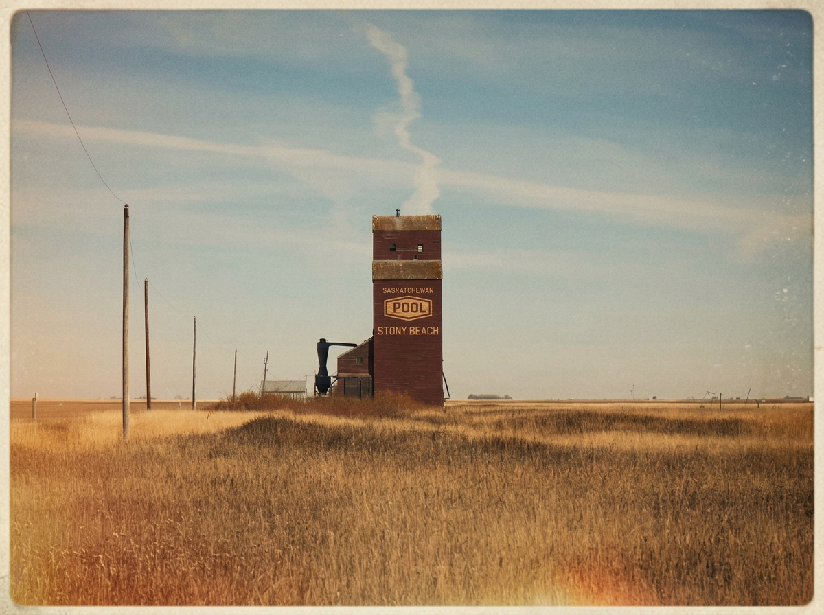 A tall old grain elevator building in a rural landscape with golden grass, utility poles, and a partly cloudy blue sky, located in Stony Beach, Saskatchewan.