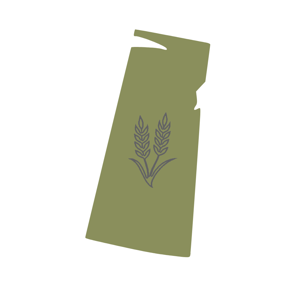 An olive green grain seed packet with two wheat stalks printed on the front