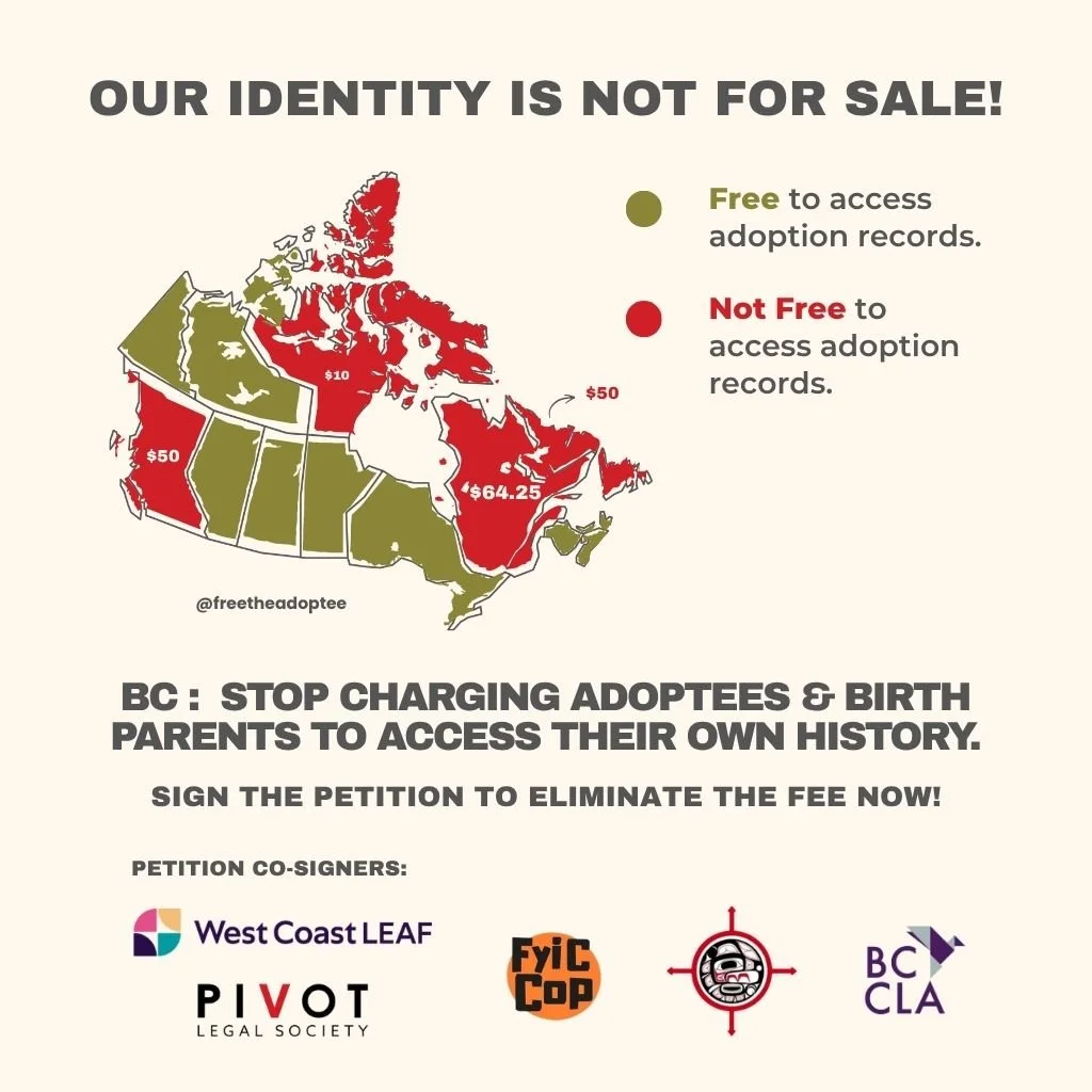 Map of Canada and the United States with states colored in red and green indicating access to adoption records, with red representing not free and green representing free access. The image promotes a petition to stop charging adoptees and birth parents in British Columbia to access adoption records.