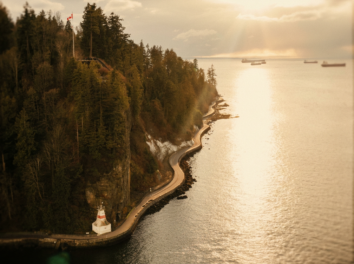 A winding road along a tree-covered coastline with ships on the water and a lighthouse at the shore, during sunset.
