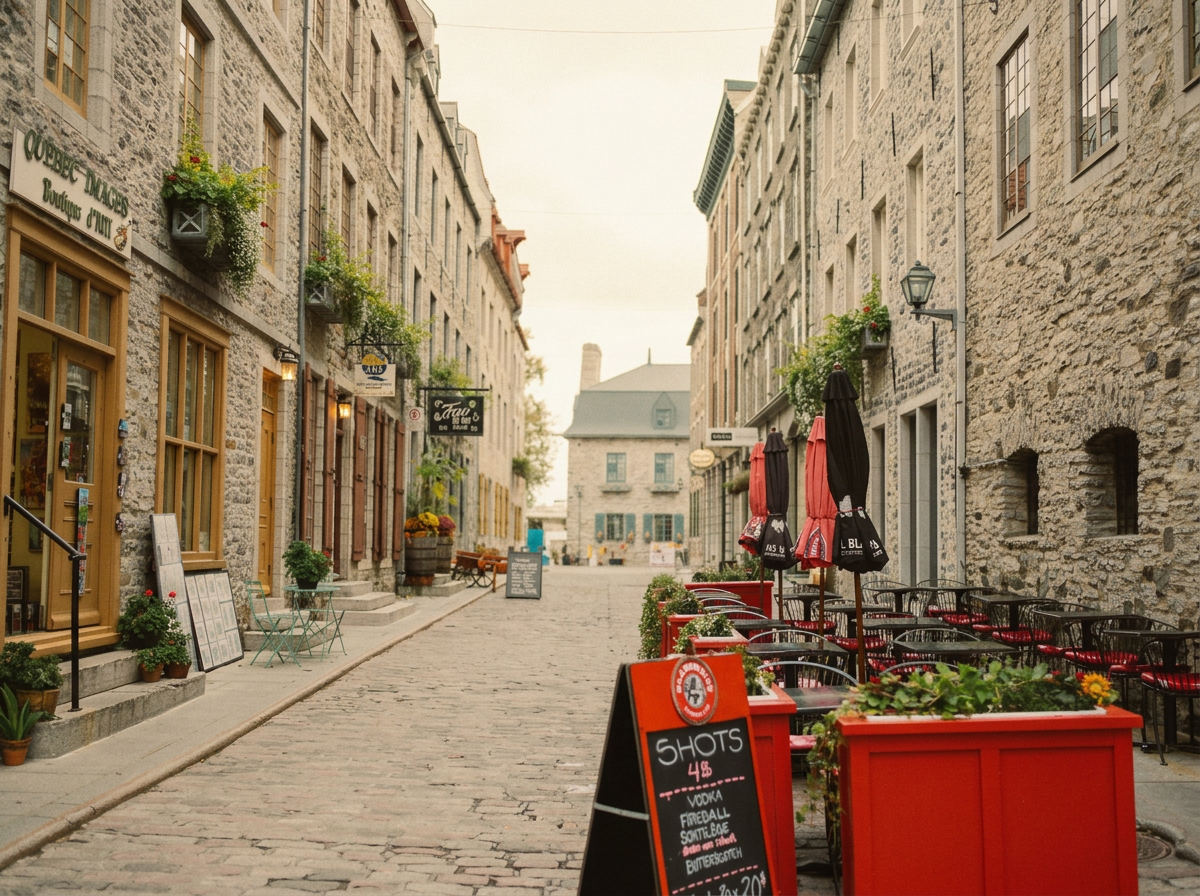 Empty outdoor cafe seating area on cobblestone street with red planters and closed umbrellas, surrounded by stone buildings with flower boxes.