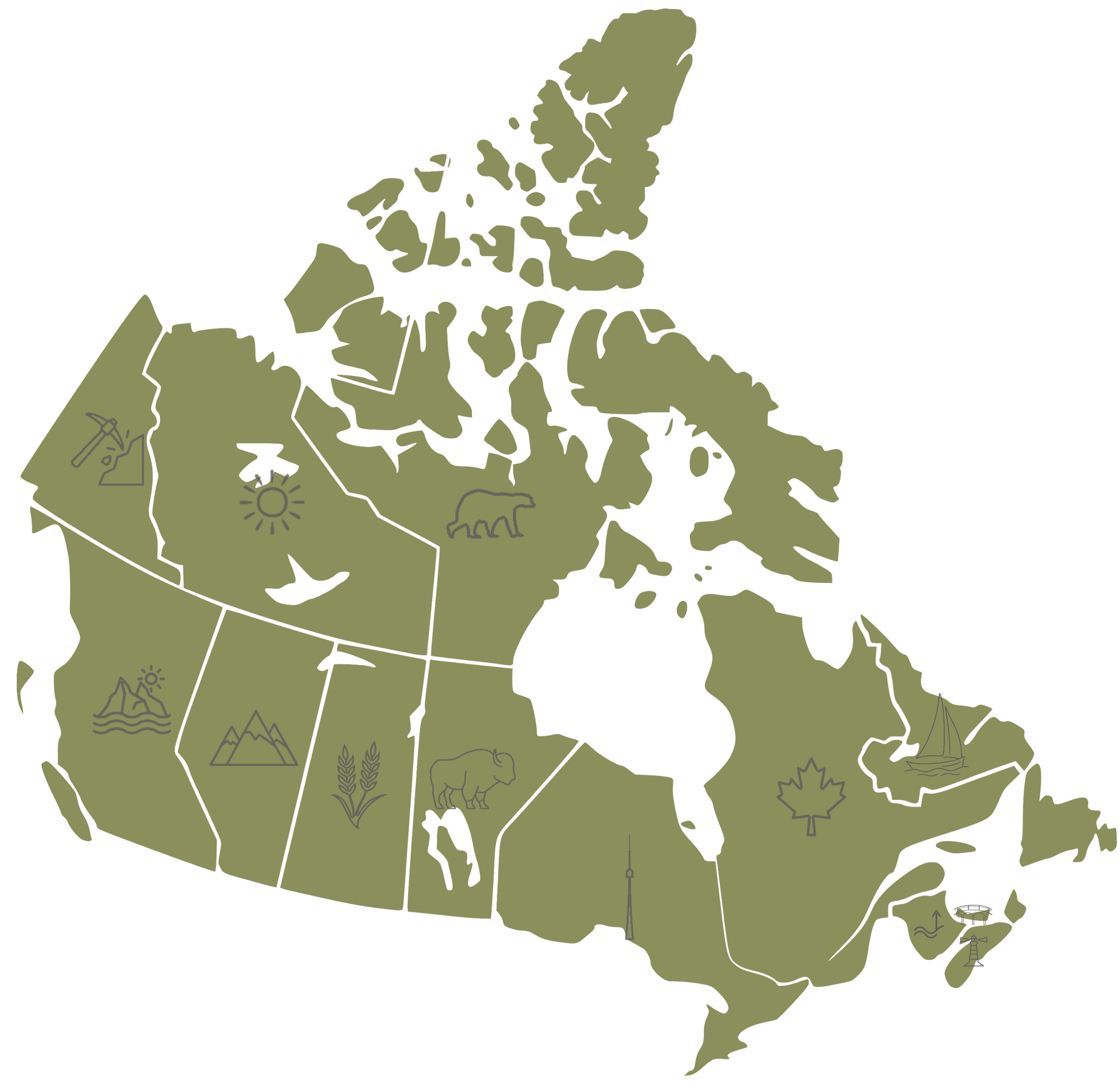 A stylized map of Canada with icons representing various natural features and activities, including mountains, lakes, wildlife, and outdoor recreation.