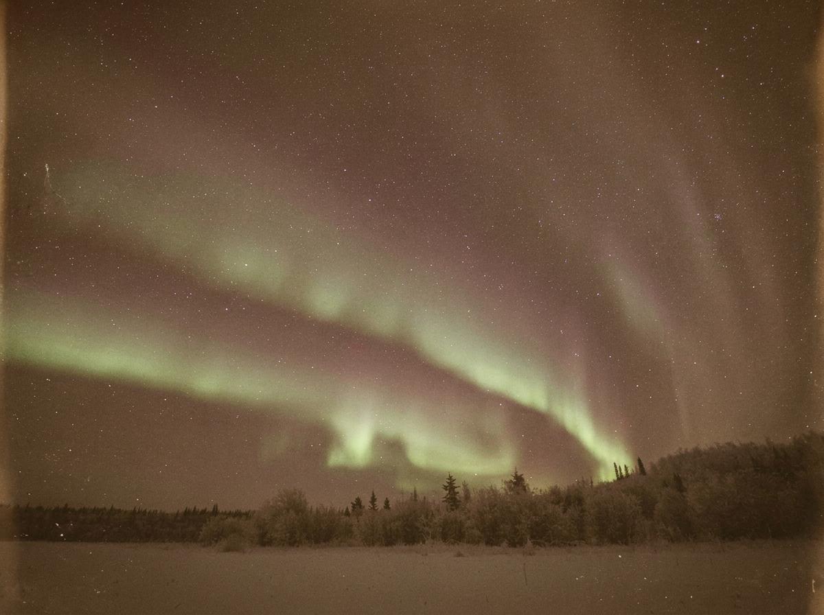 Northern lights illuminating the night sky above a forested landscape.