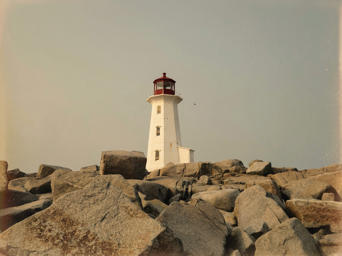 A white lighthouse with a red top standing on rocky terrain against a cloudy sky.