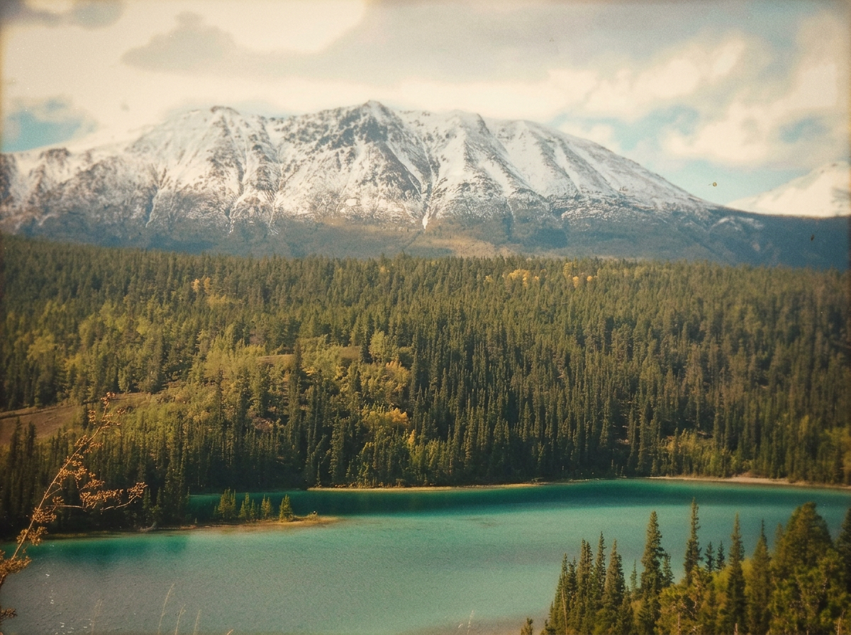 Snow-capped mountain behind a dense evergreen forest and a turquoise lake in the foreground.