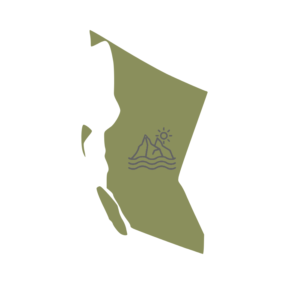 Minimalist icon of a mountain with a sun above and waves below, on a green background